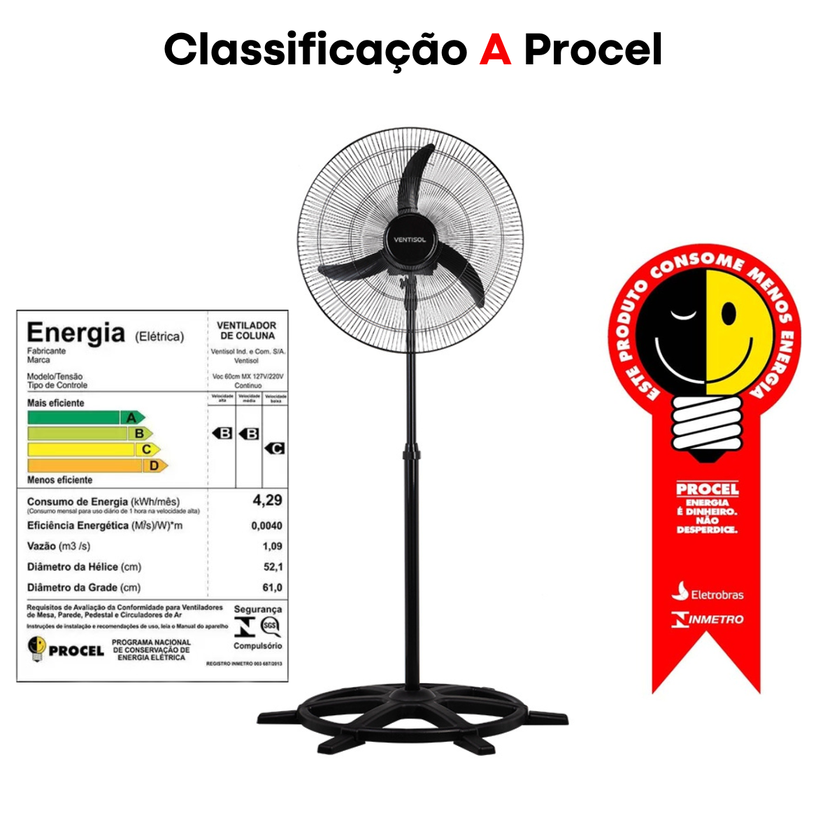 Ventilador de Coluna comercial Oscilante Bivolt seletivo 50cm Preto Premium class A - Ventisol