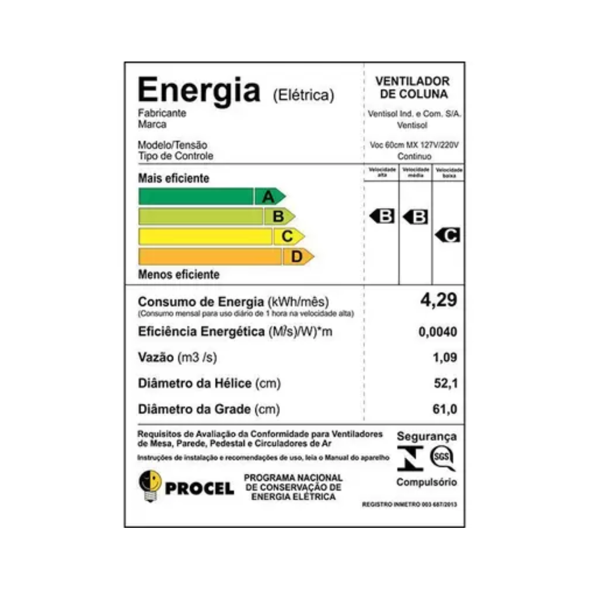 Ventilador de Coluna comercial Oscilante Bivolt seletivo 50cm Preto Premium class A - Ventisol