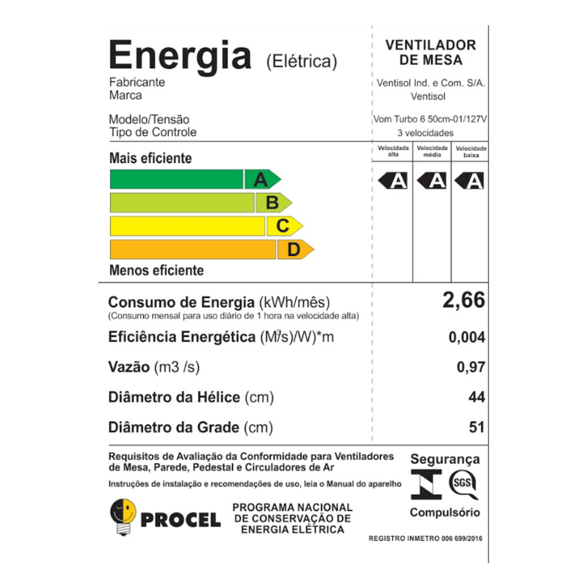 Ventilador de Mesa Oscilante 50cm Turbo 6 pás 220v Branco Premium Agratto class A - Ventisol