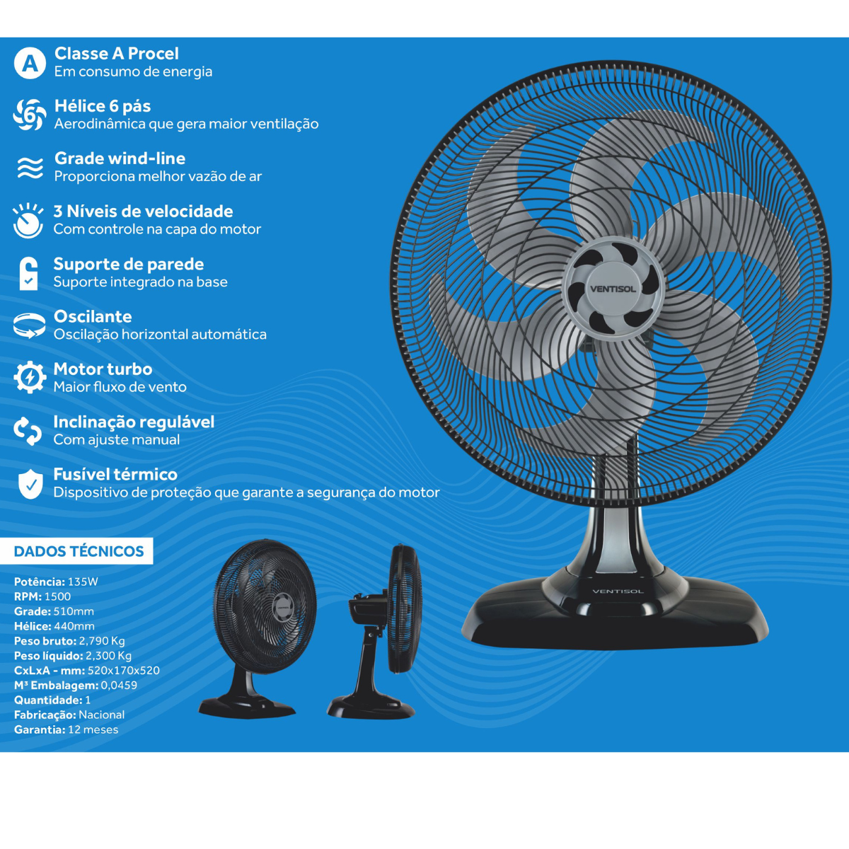 Ventilador de Mesa Oscilante 50cm Turbo 6 pás 220v Branco Premium Agratto class A - Ventisol