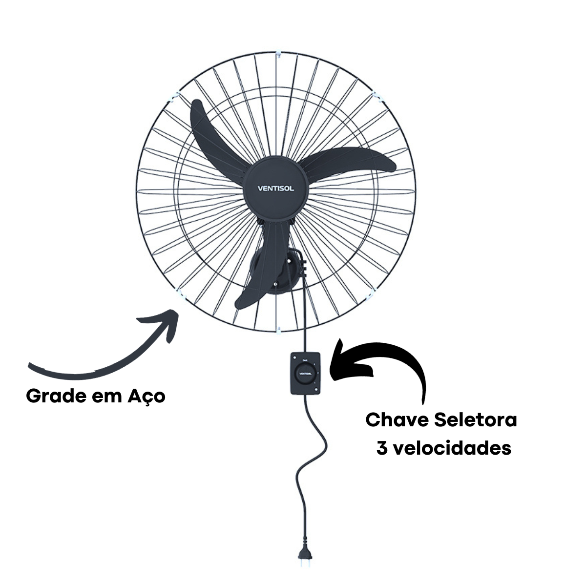 Ventilador de Parede comercial Oscilante Bivolt seletivo 60cm Preto Premium class A - Ventisol