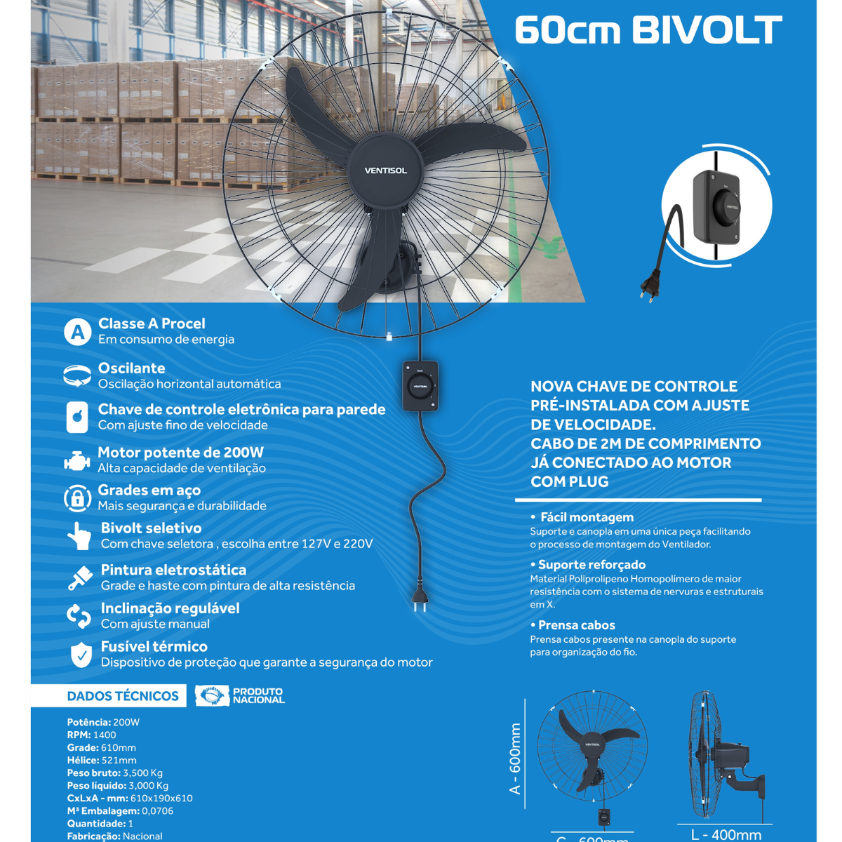 Ventilador de Parede comercial Oscilante Bivolt seletivo 60cm Preto Premium class A - Ventisol