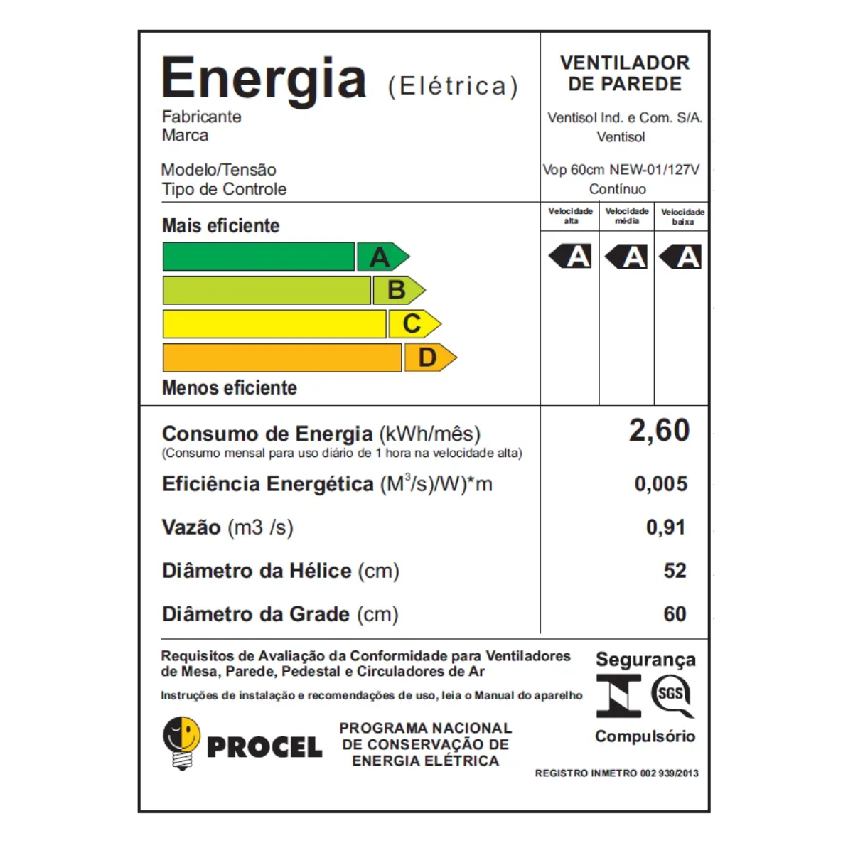 Ventilador de Parede comercial Oscilante Bivolt seletivo 60cm Preto Premium class A - Ventisol