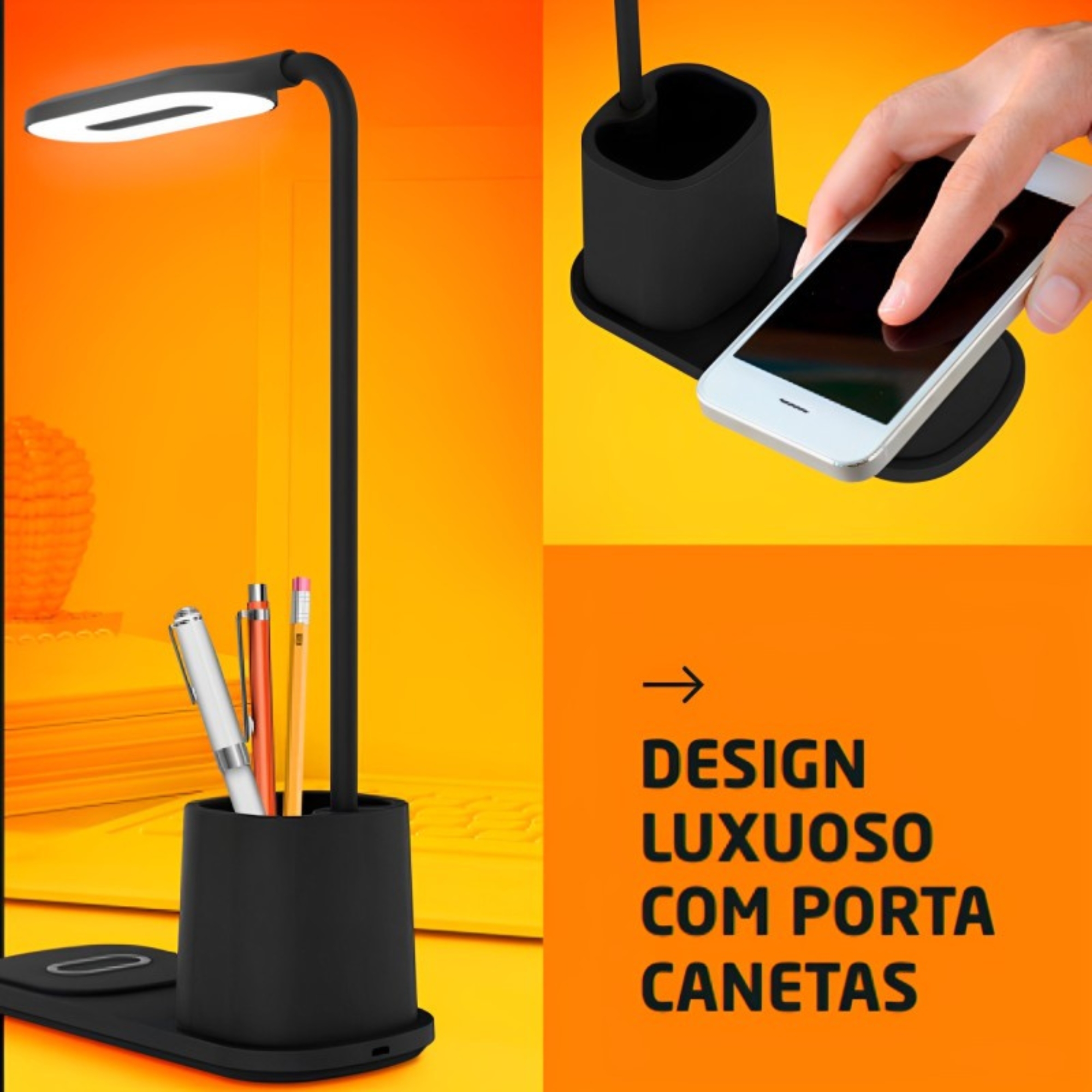 Luminária Wireless Pulse CB161 Carregador C Porta Canetas Mesa Led Preto Multilaser Suporte - CB161