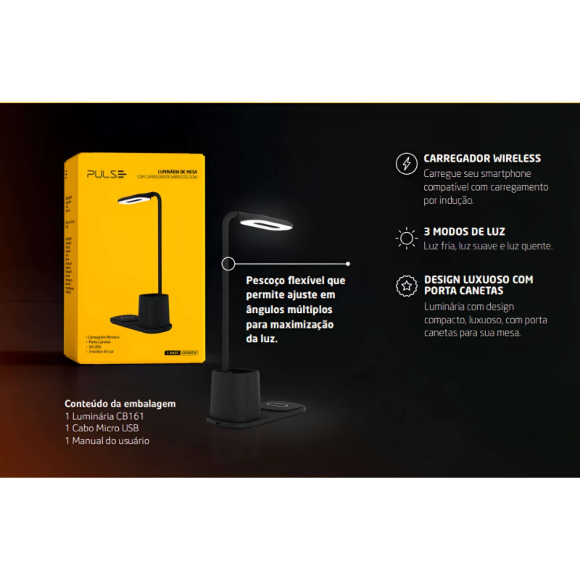 Luminária Wireless Pulse CB161 Carregador C Porta Canetas Mesa Led Preto Multilaser Suporte - CB161