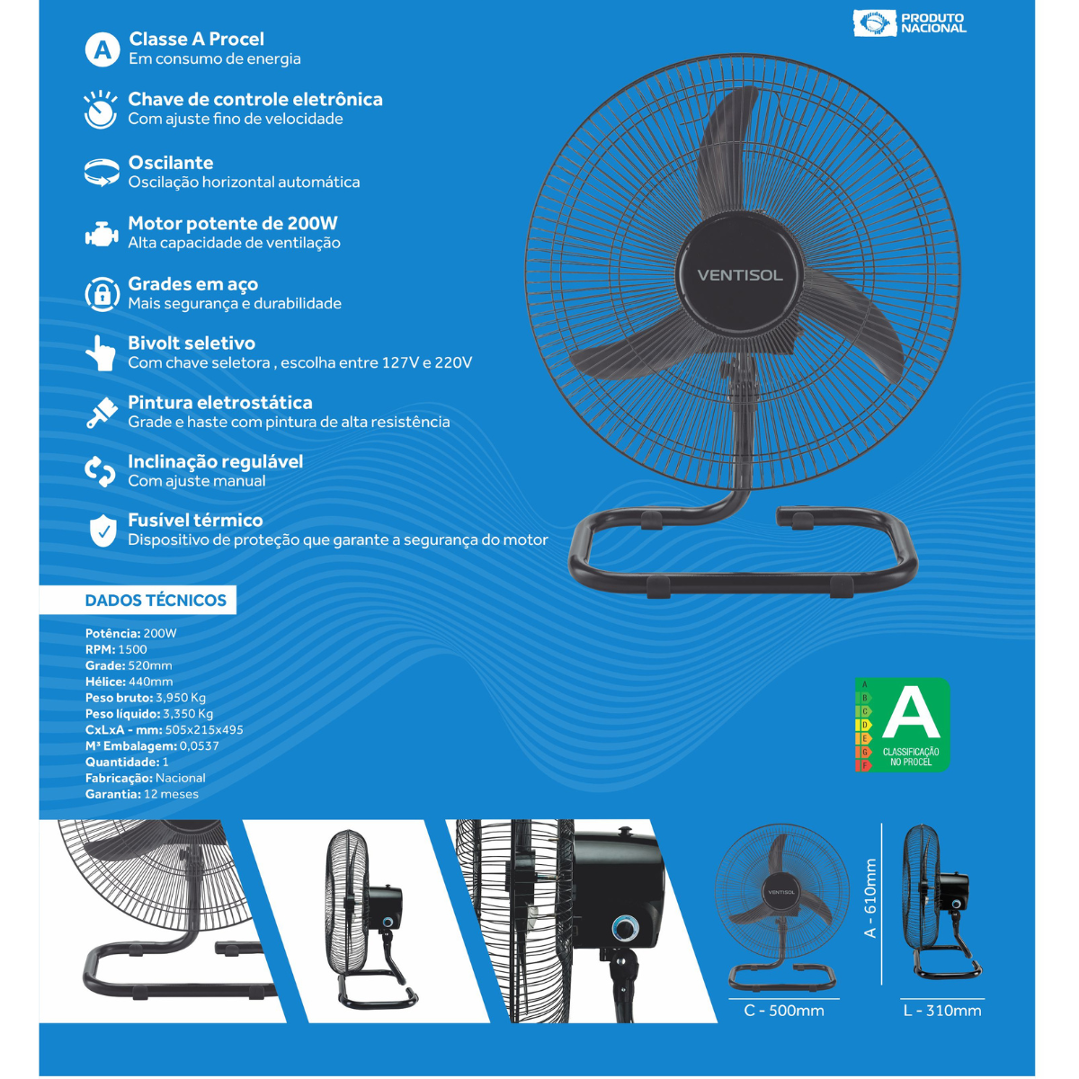 Ventilador Comercial de Mesa Oscilante 50cm Steel Agratto Preto Premium Bivolt - Ventisol - 5318