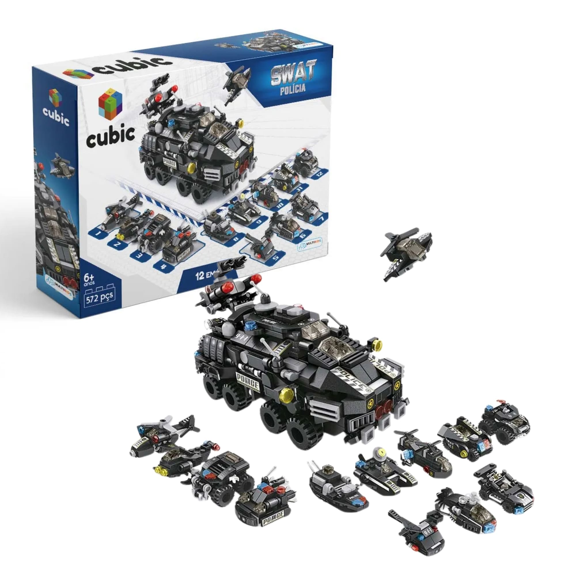 Brinquedo Blocos de Montar Cubic 12 em 1 Swat Policia 572 Peças Multikids - BR1095