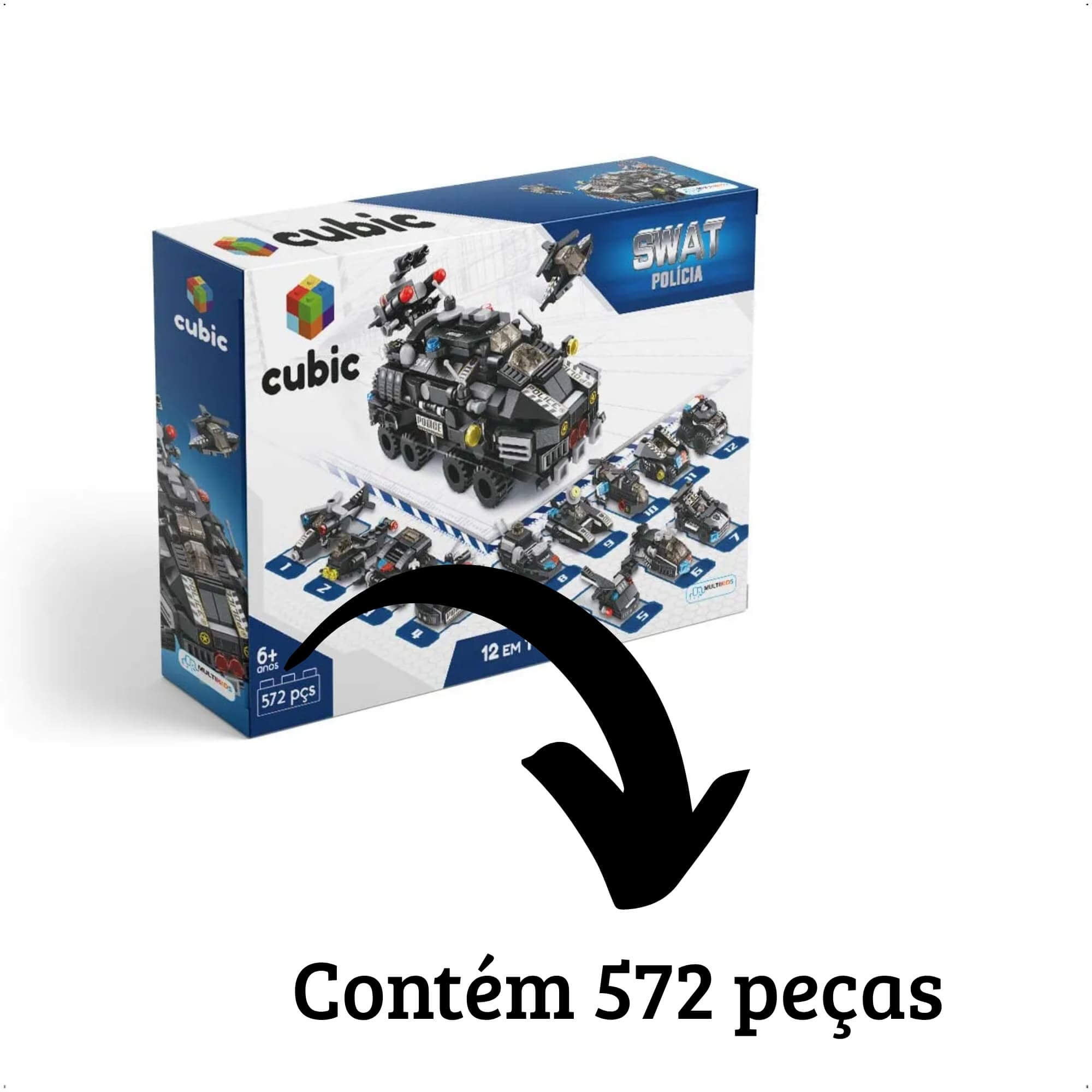 Brinquedo Blocos de Montar Cubic 12 em 1 Swat Policia 572 Peças Multikids - BR1095