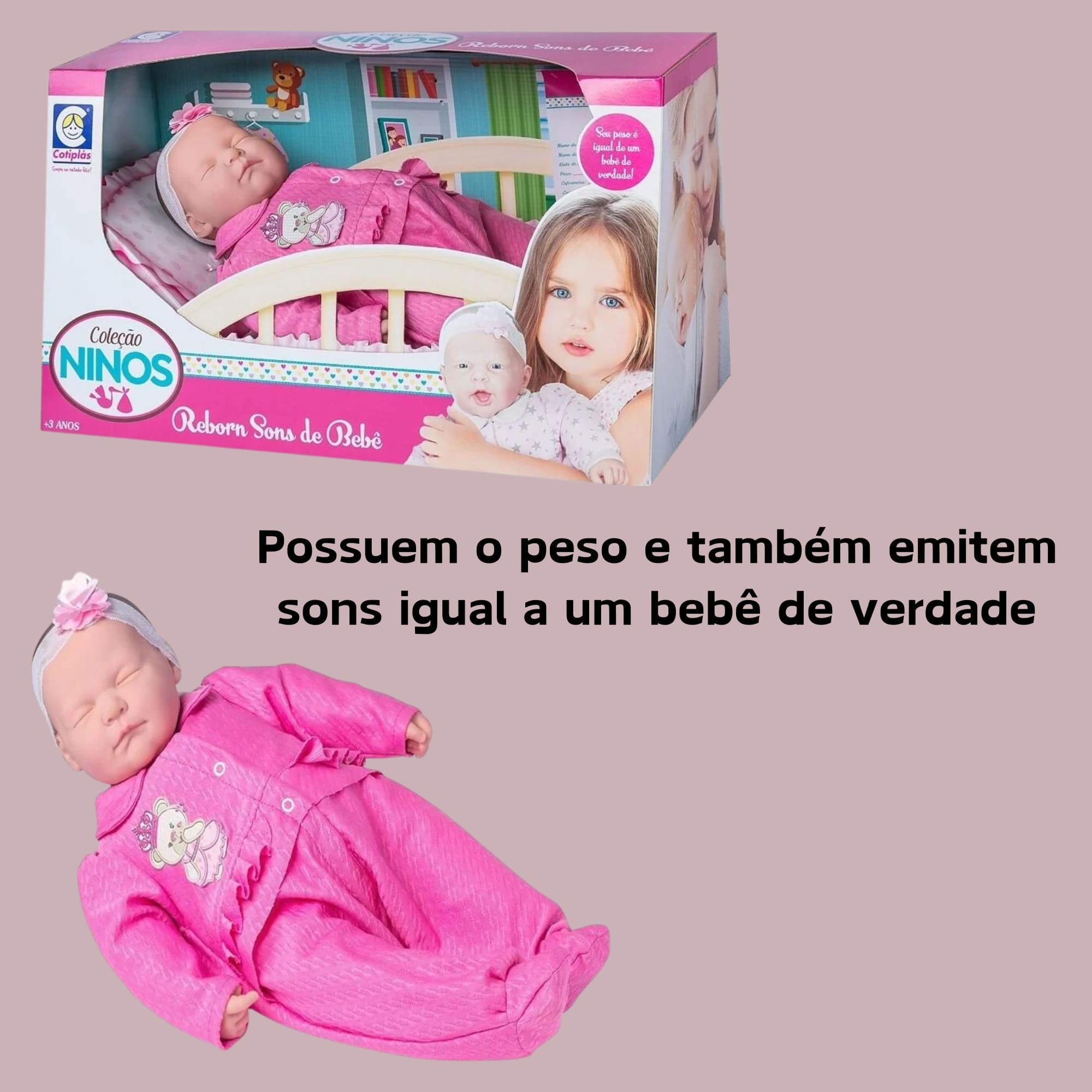 Brinquedo Infantil Boneca Nino's Reborn Dormindo com Acessórios Crianças +3 Anos Cotiplás - 2212