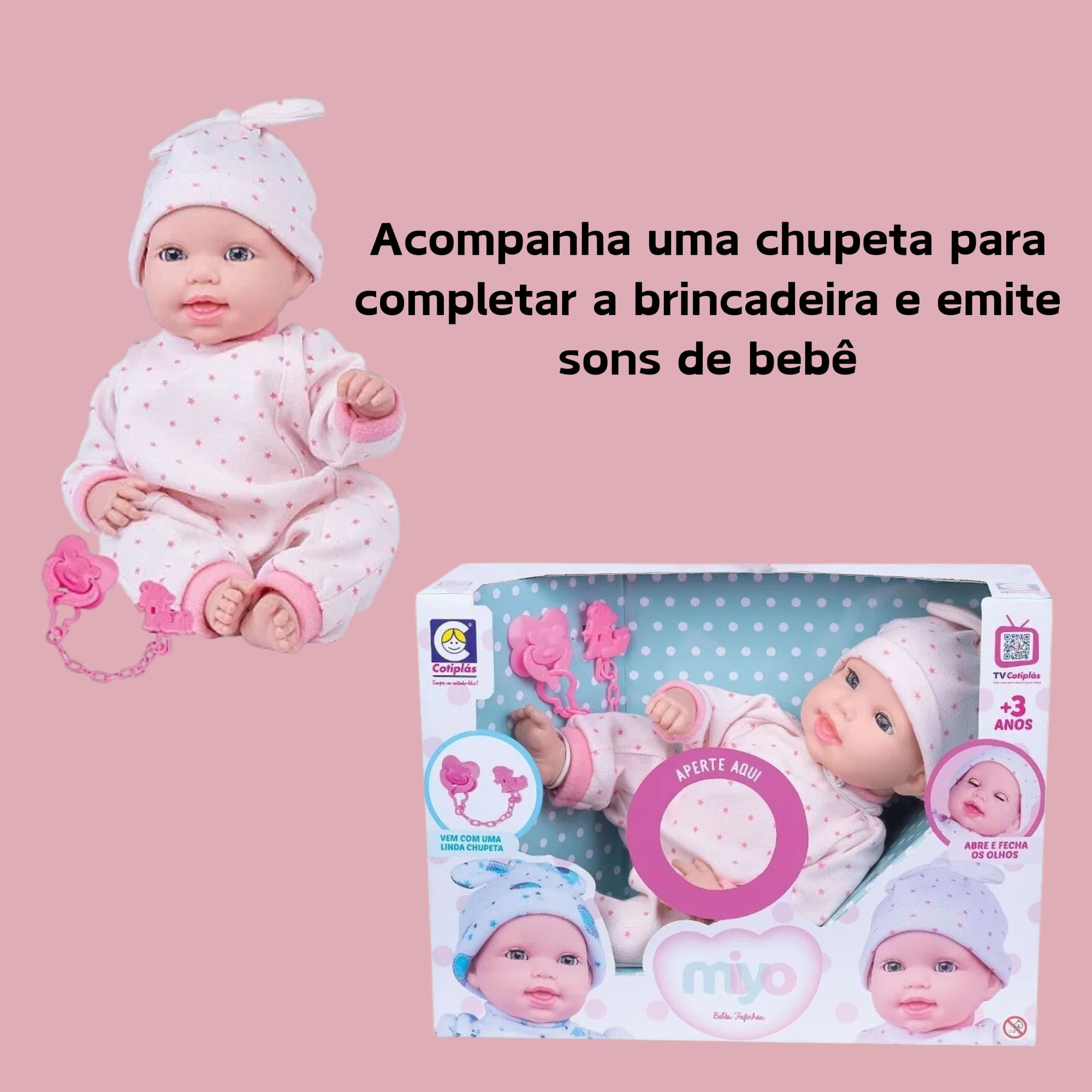 Brinquedo infantil boneca miyo menina com sons de bebê Cotiplas 2391
