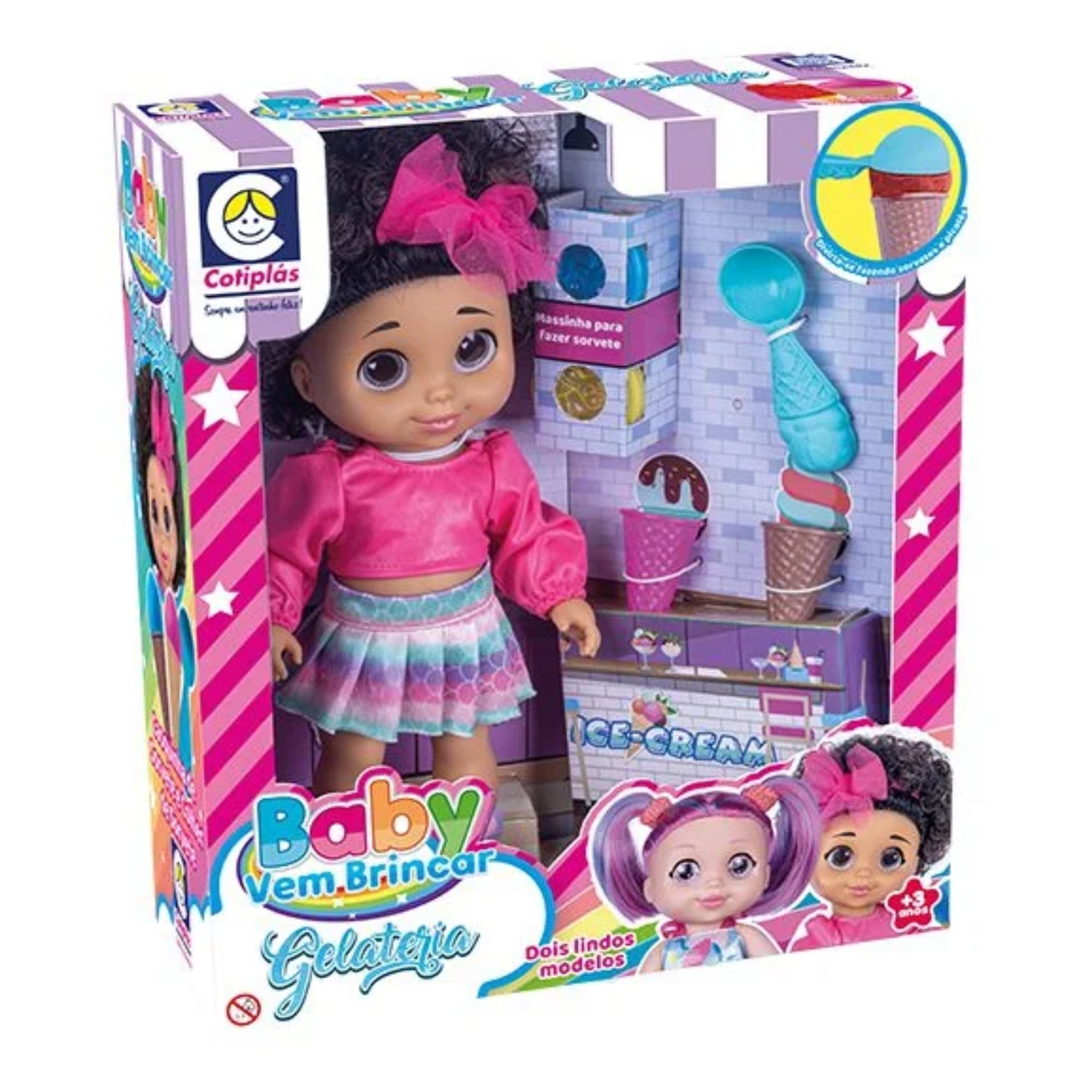 Brinquedo boneca baby morena vem brincar gelateria massinha Cotiplas 2667