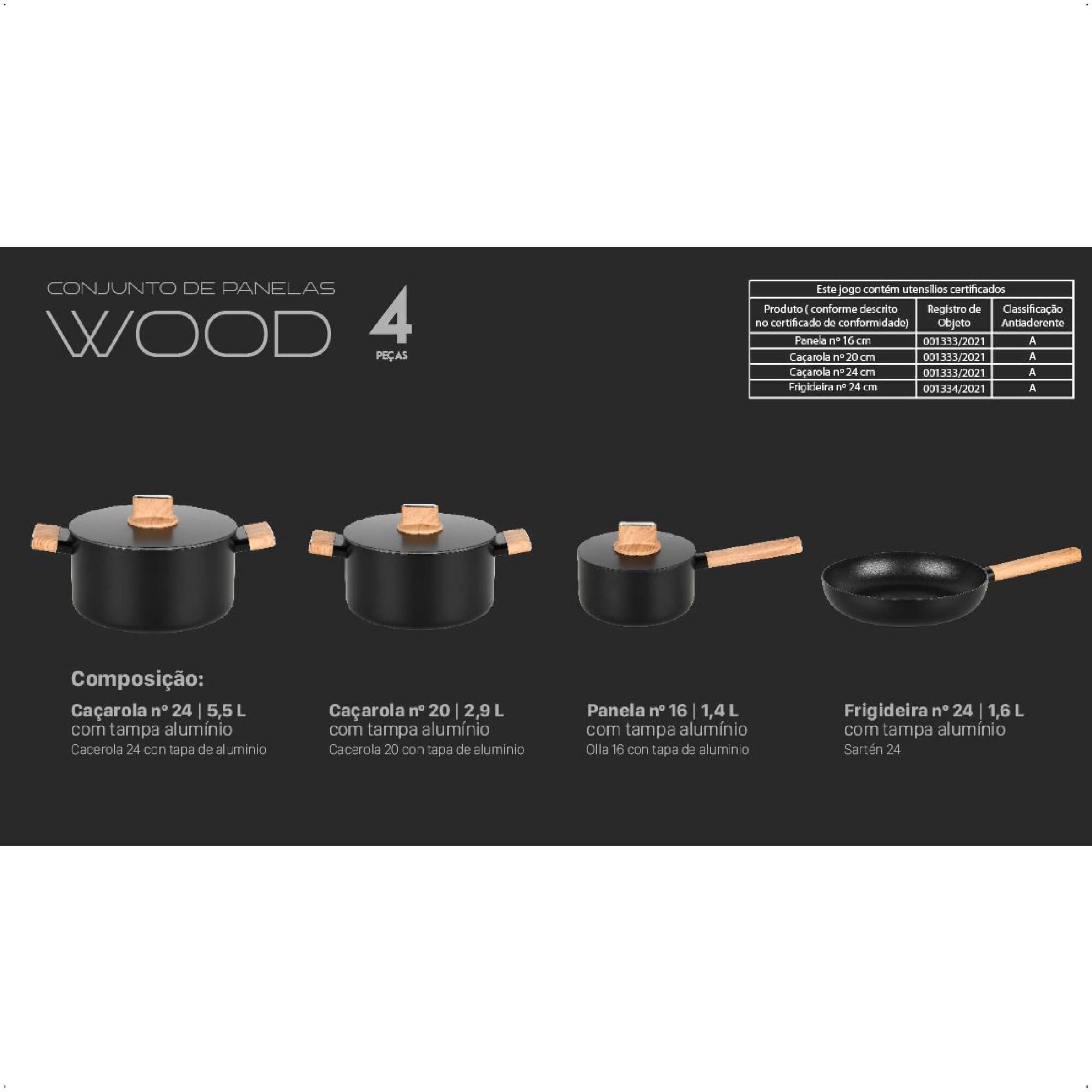 Jogo de Panelas Concept Wood 4 Peças em Alumínio Forjado Cor Preto MTA - 8467