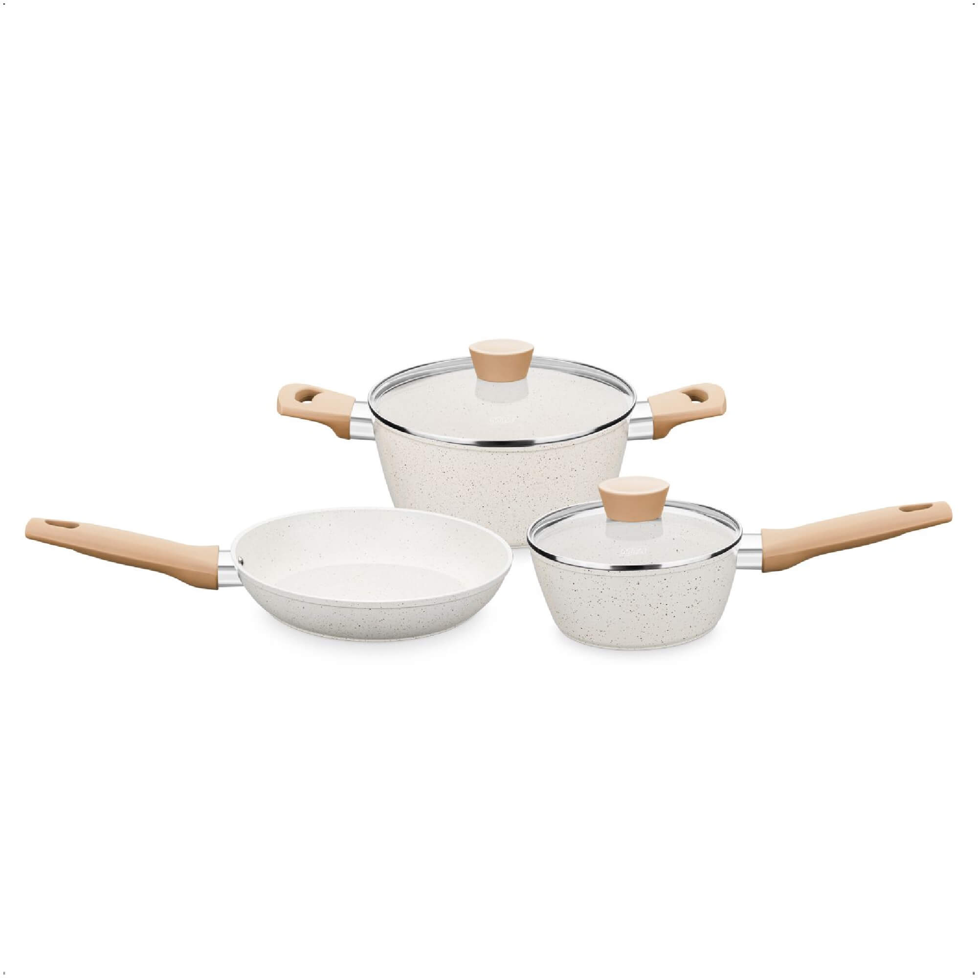 Jogo de Panelas Carmela Vanilla 3 Peças em Alumínio Forjado Revestimento Ceramic-Flon Creme MTA 8480
