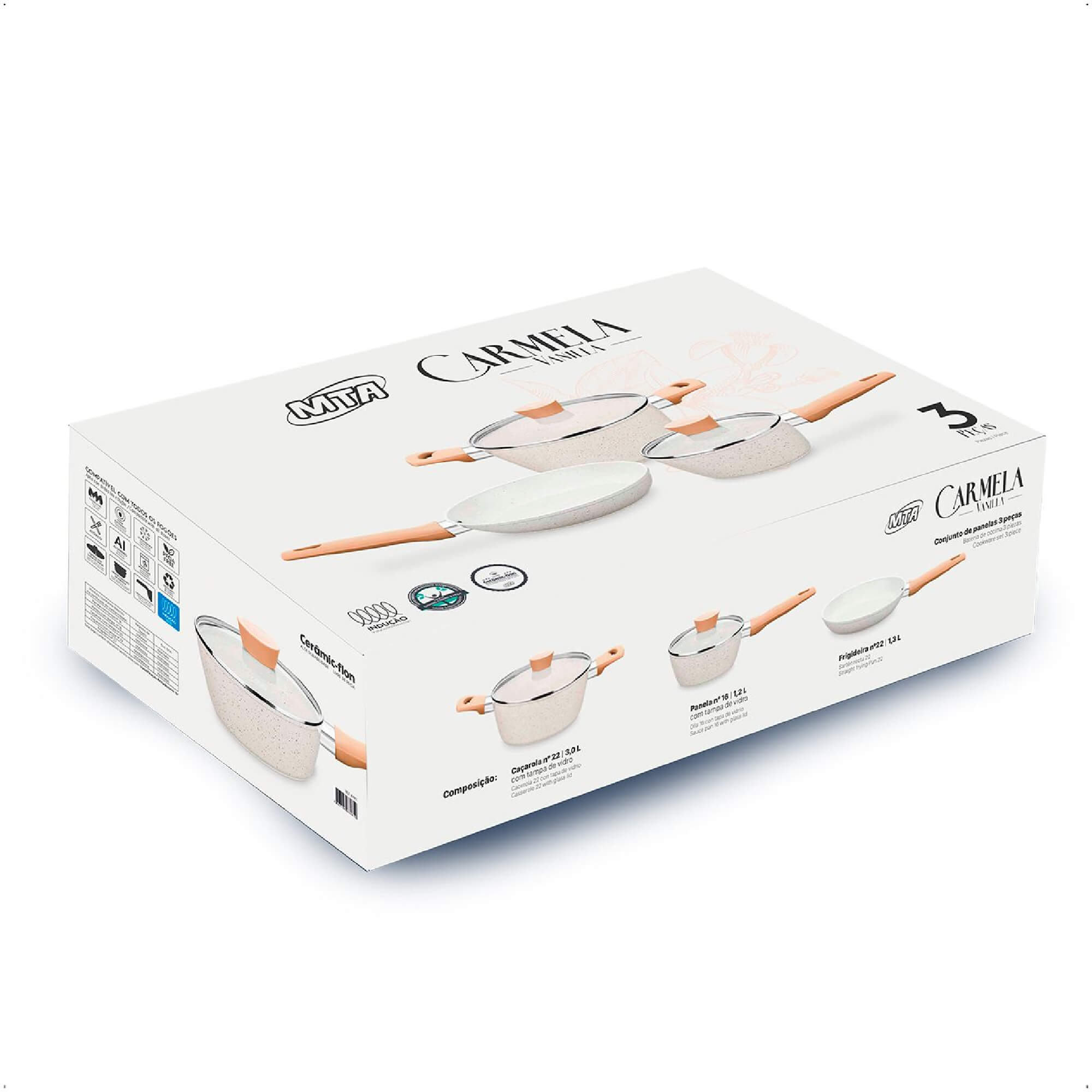 Jogo de Panelas Carmela Vanilla 3 Peças em Alumínio Forjado Revestimento Ceramic-Flon Creme MTA 8480