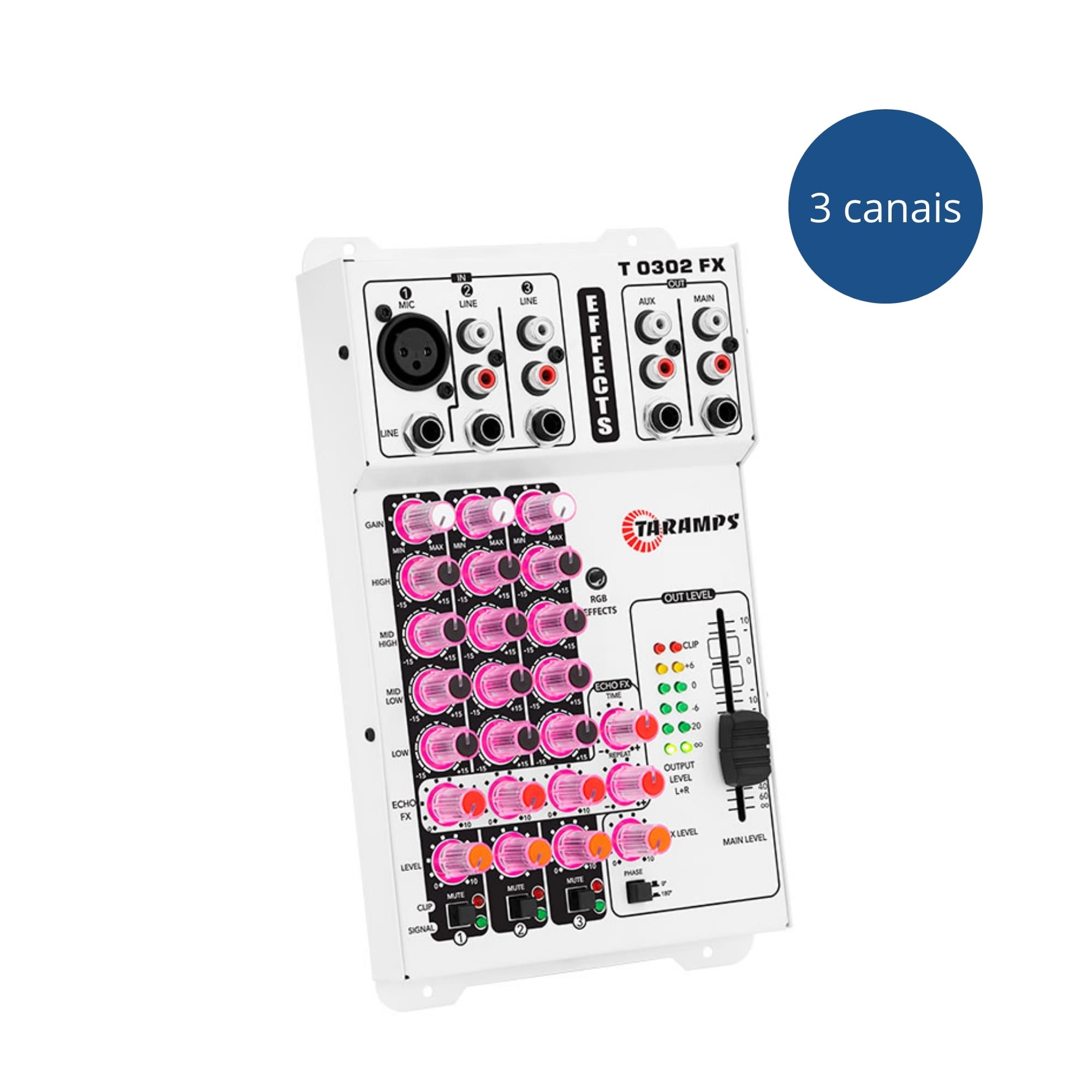 Mesa de Som T 0302 FX Branco/ White  12v 3 Canais  Taramps - 901939