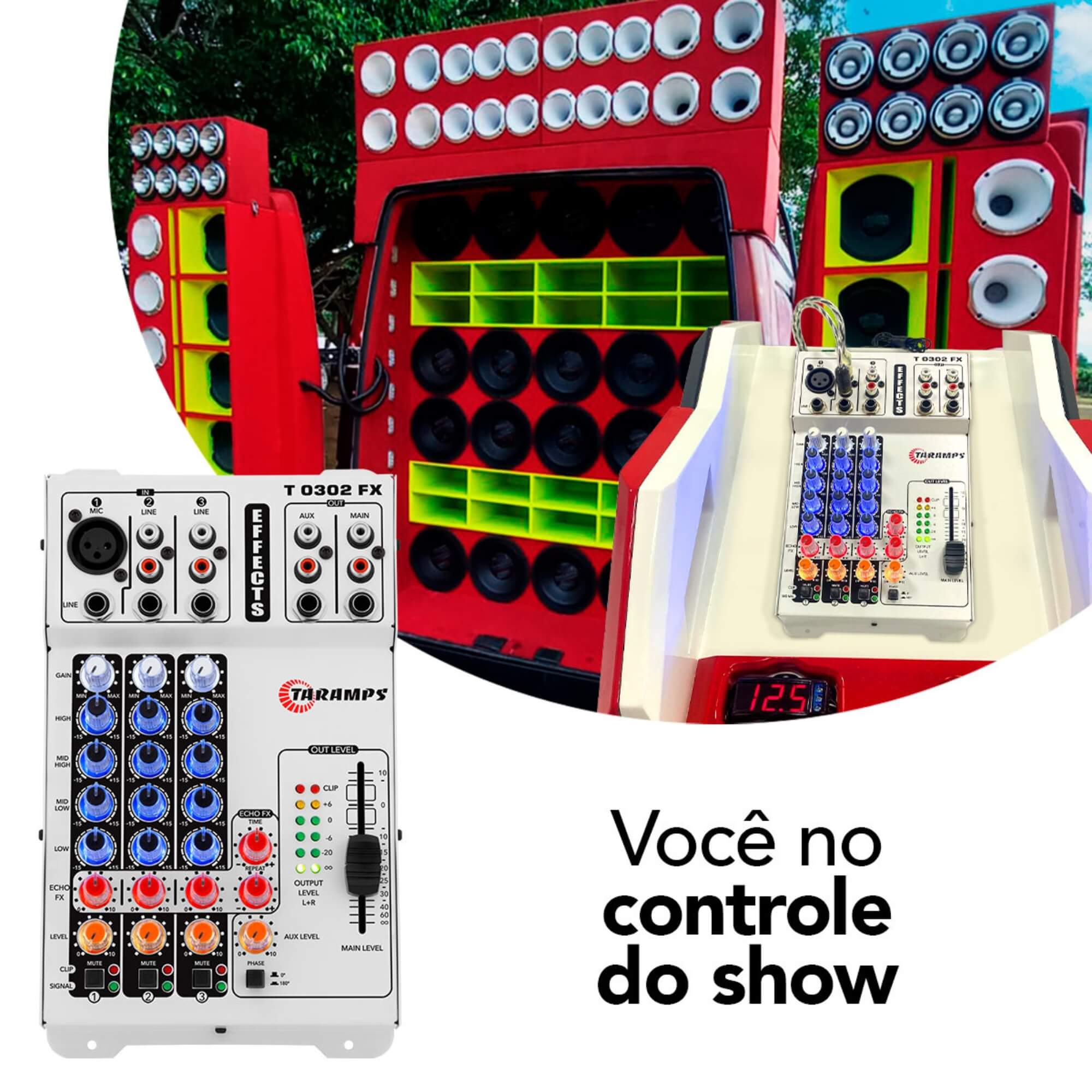 Mesa de Som T 0302 FX Colorida Colorful 12v 3 Canais Multicolor Taramps - 901938