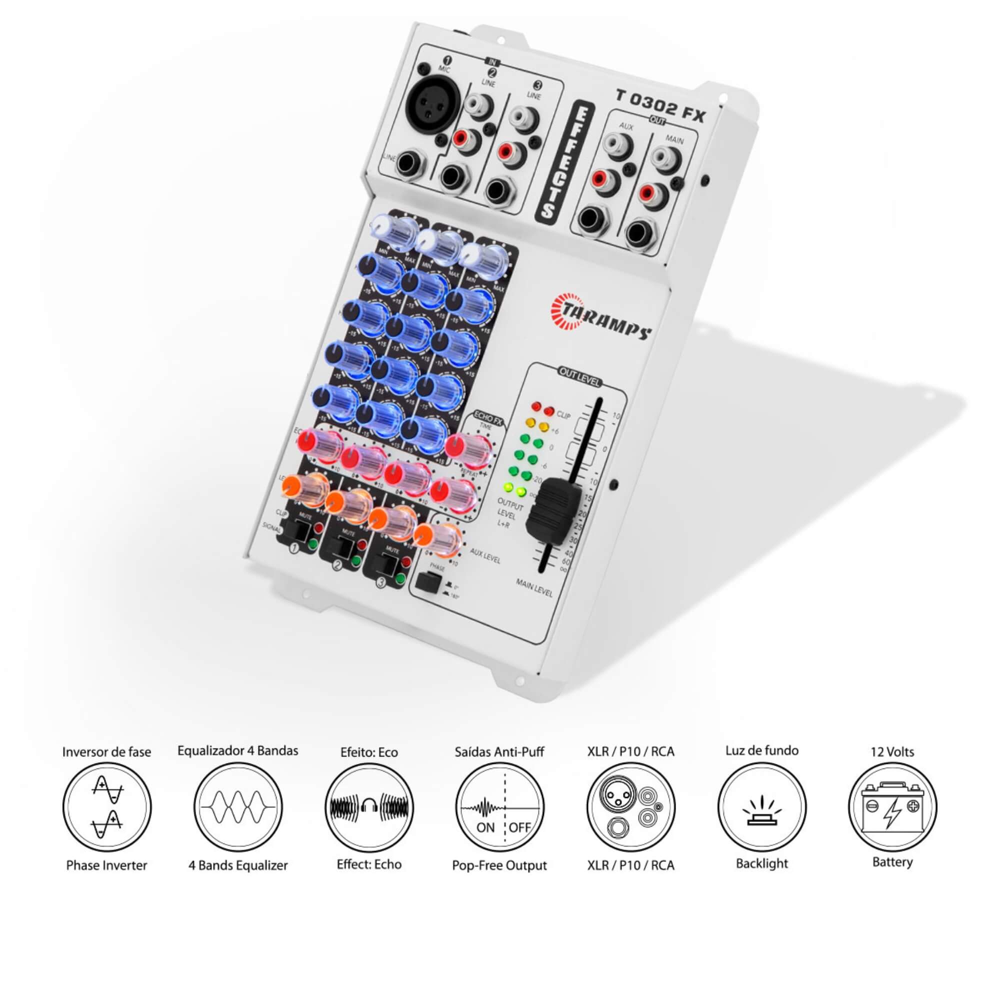 Mesa de Som T 0302 FX Colorida Colorful 12v 3 Canais Multicolor Taramps - 901938