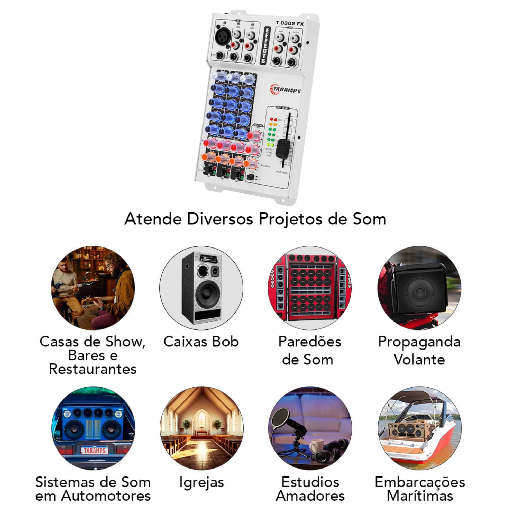 Mesa de Som T 0302 FX Colorida Colorful 12v 3 Canais Multicolor Taramps - 901938