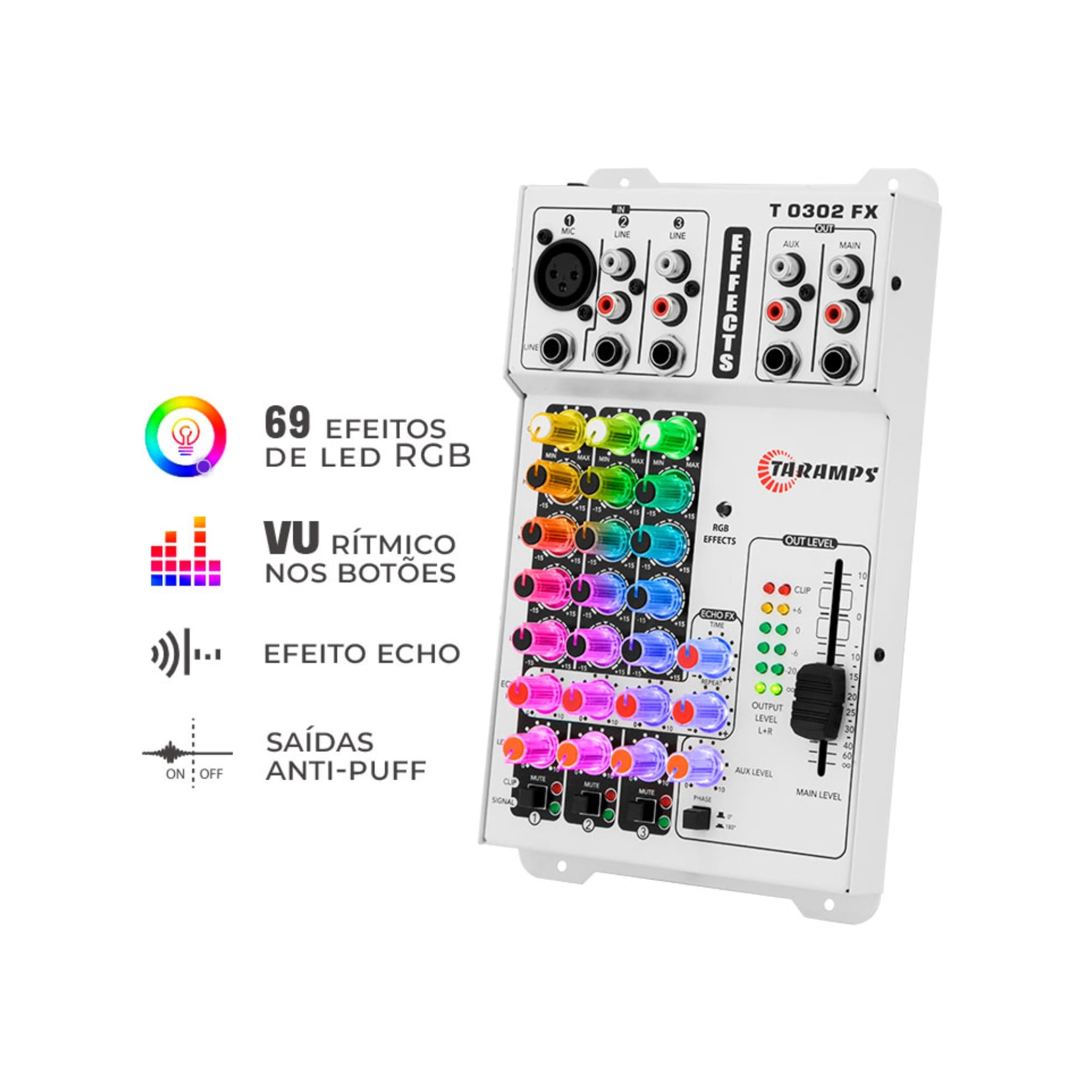 Mesa de Som T 0302 FX 69 Efeitos de Luz 3 Canais Multicolor Taramps - 901961