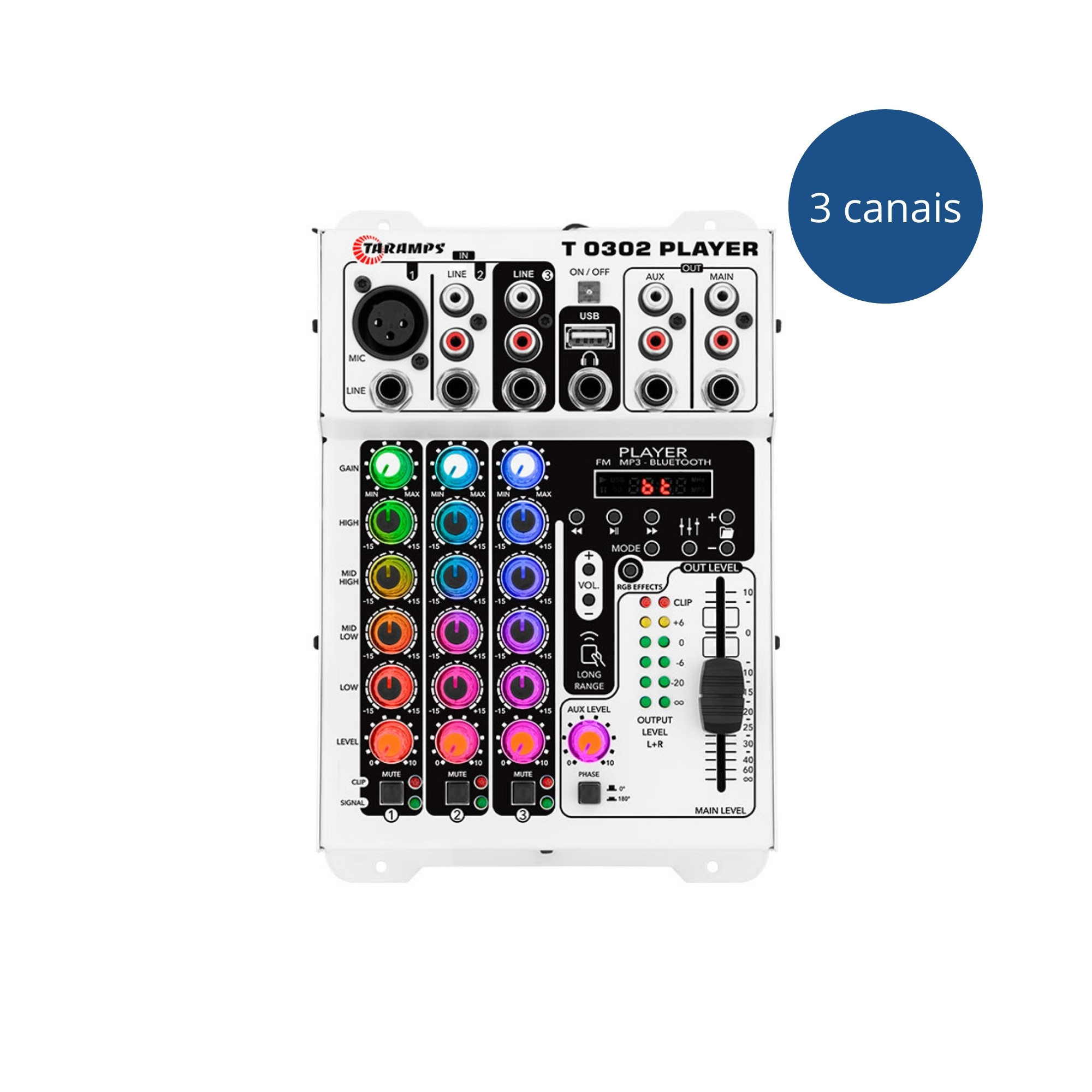 Mesa de Som Bluetooth T 0302 Player 12v Led RGB 3 Canais Multicolor Taramps - 902011