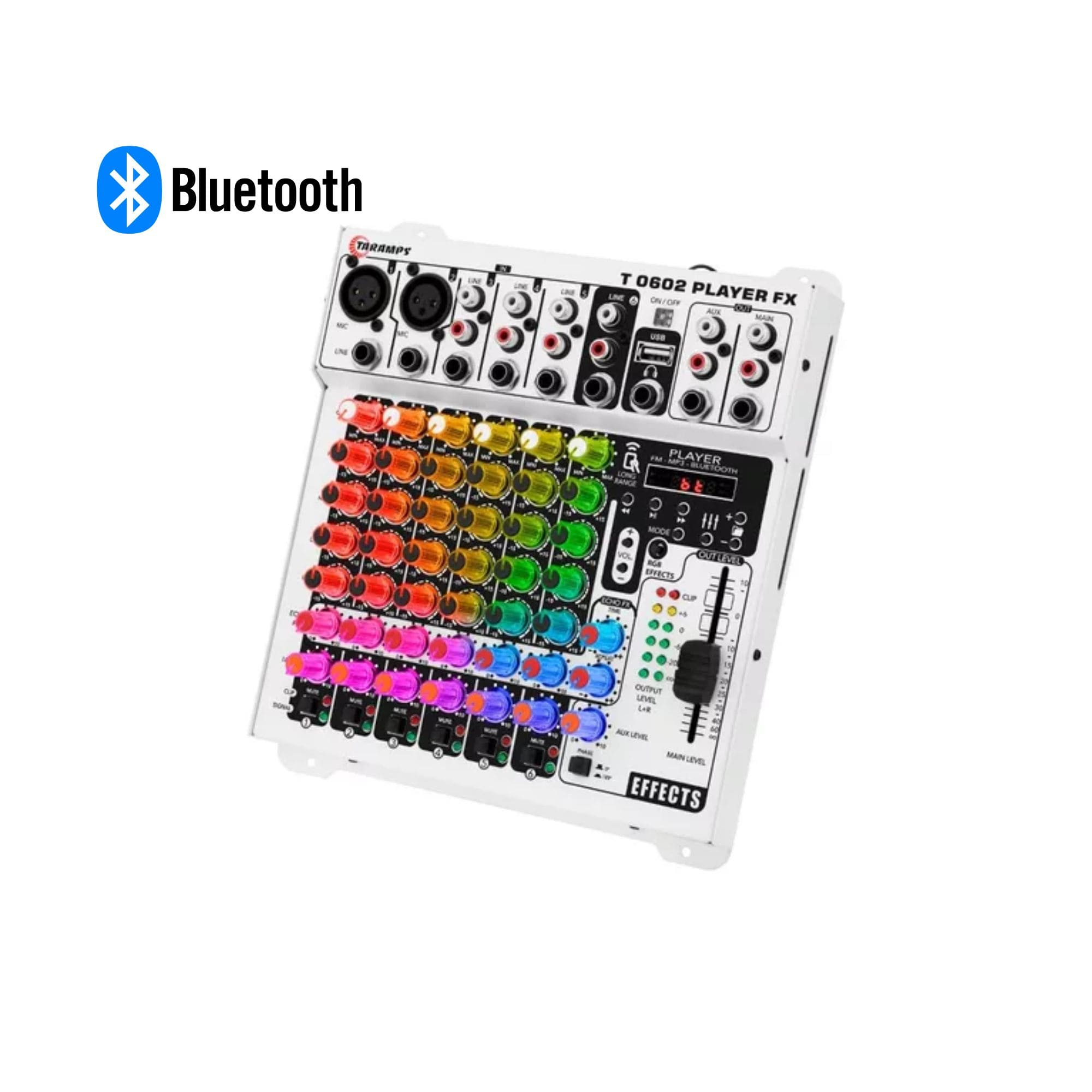 Mesa de Som Bluetooth Com Led RGB T 0602 Player FX 12v 6 Canais Multicores Controle Taramps 902009