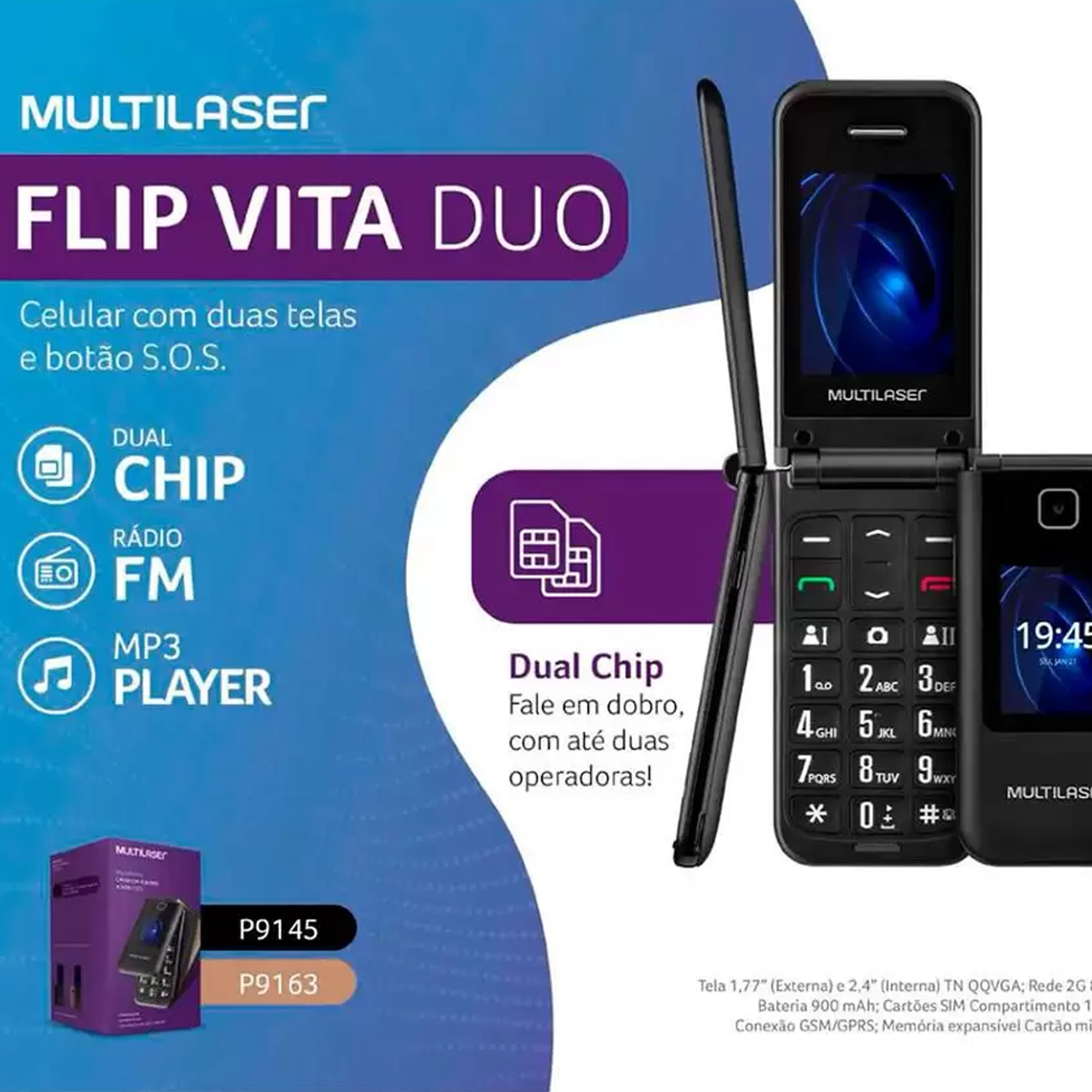 Celular Multilaser Flip Vita Duo Dual Chip Ràdio FM MP3 Botão SOS Preto - P9145