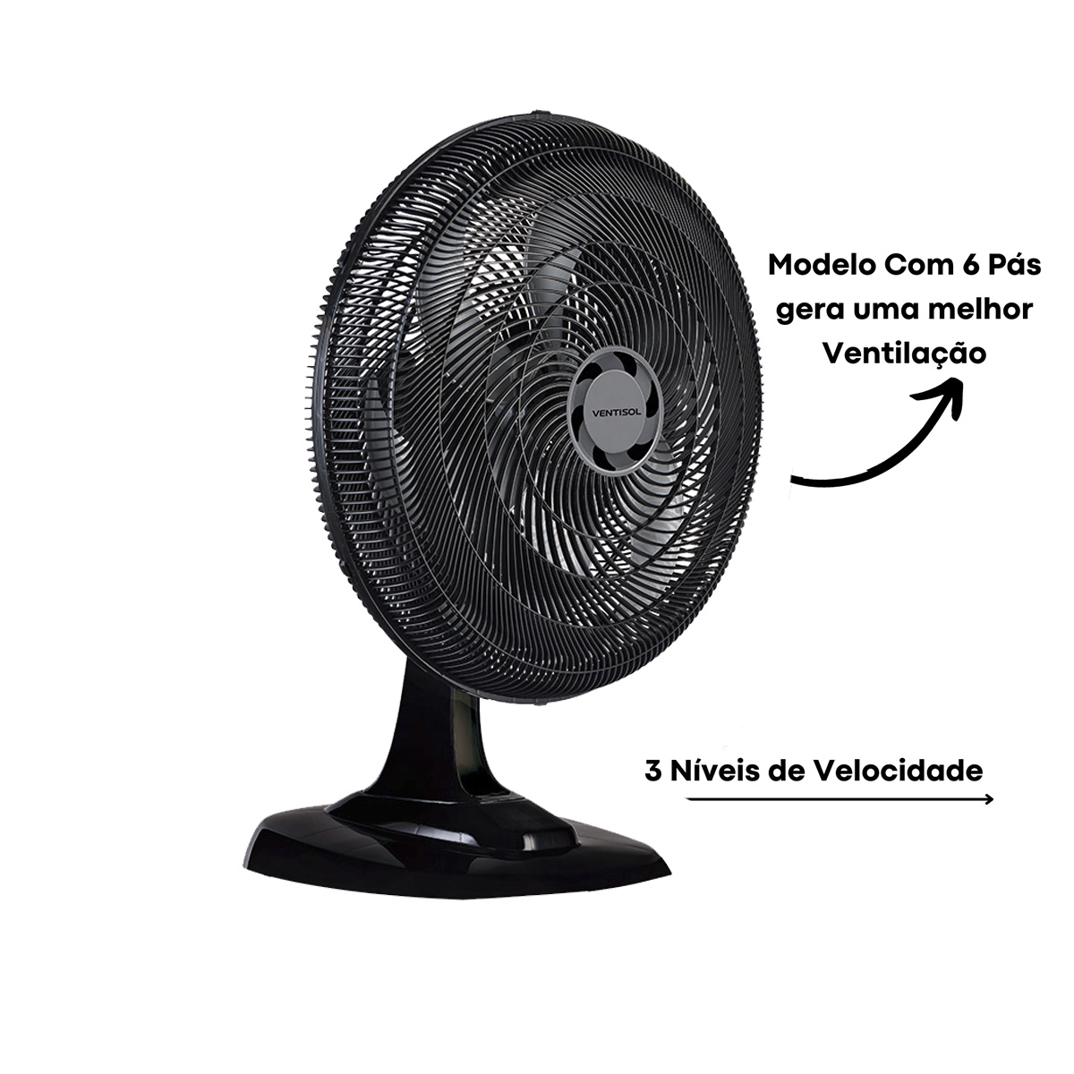 Ventilador de Mesa Oscilante 50cm Turbo 6 pás 127v Preto Premium Agratto class A Ventisol 4259