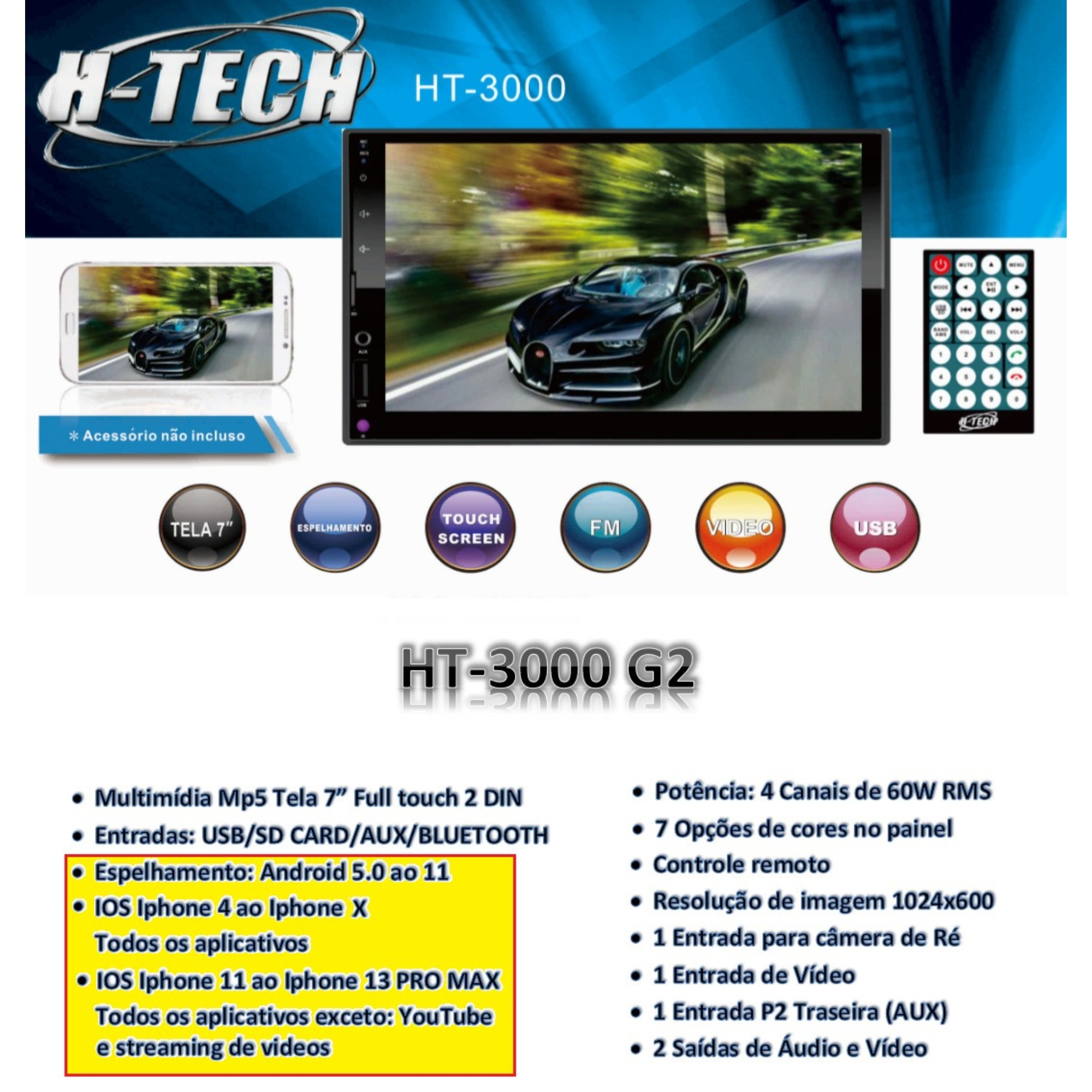 COMP Multimidia H-Tech HT-3000 Golf 93/2012 Gol 93/2016 SpaceFox/Fox 2010 a 2013 + Moldura