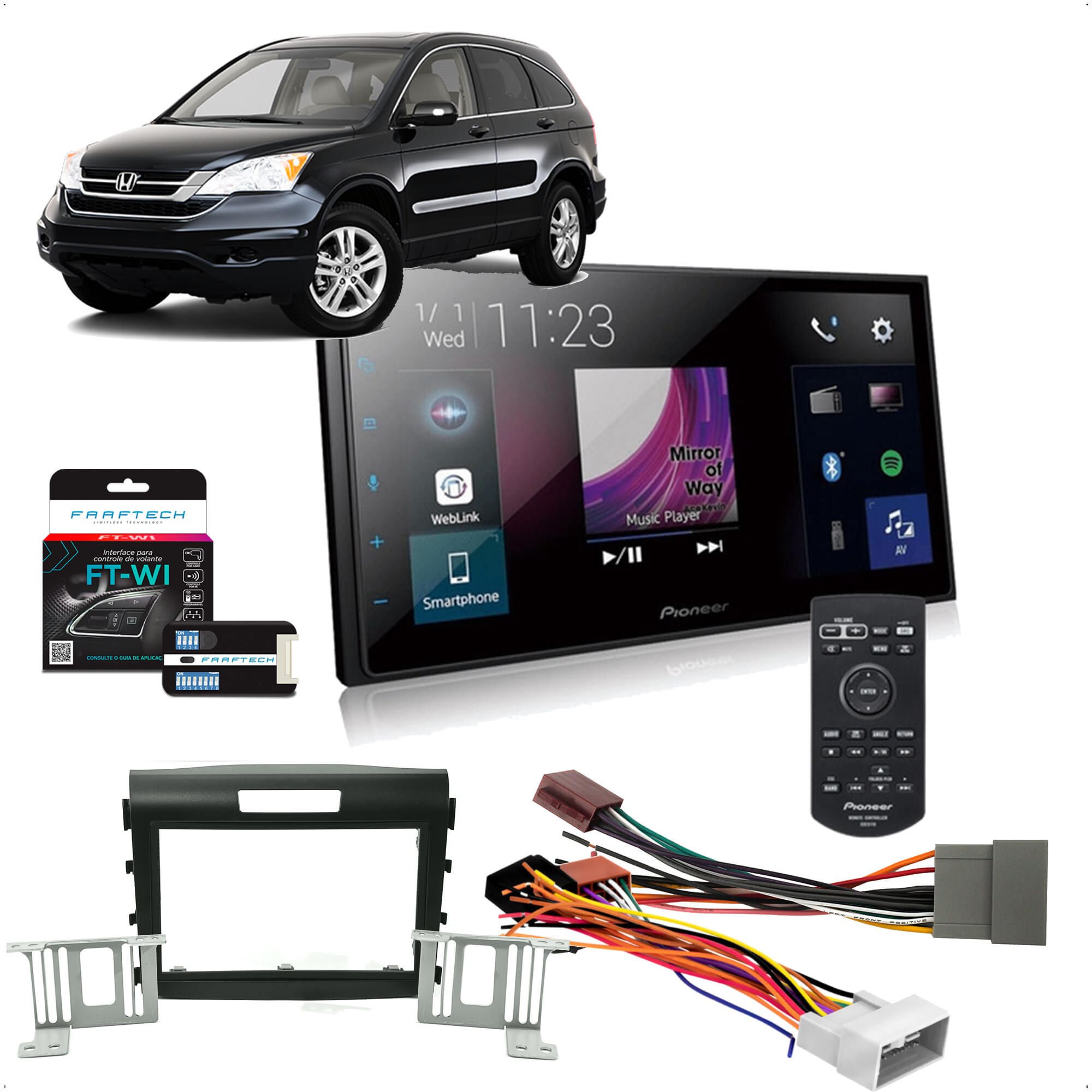 COMP Kit Central Multimídia 2 Din Pioneer DMH-Z5380TV + Moldura Cr-V + Chicotes + Interface