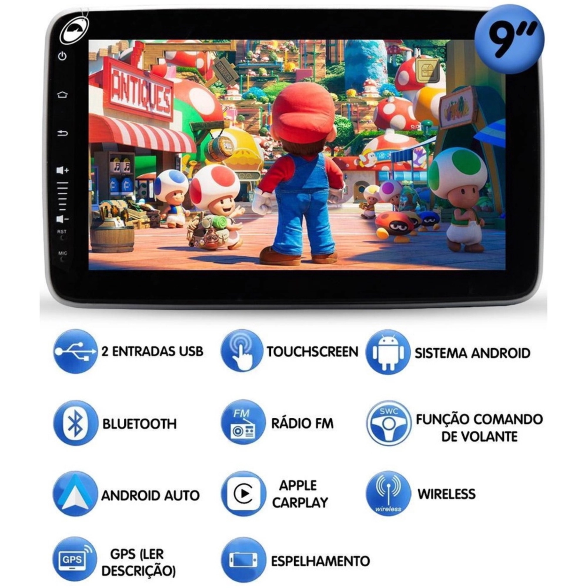Multimídia Traseira 1 Din 9" Tela Rotativa Flutuante 2Gb Ram 32Gb  H-Tech - HT-9290CA