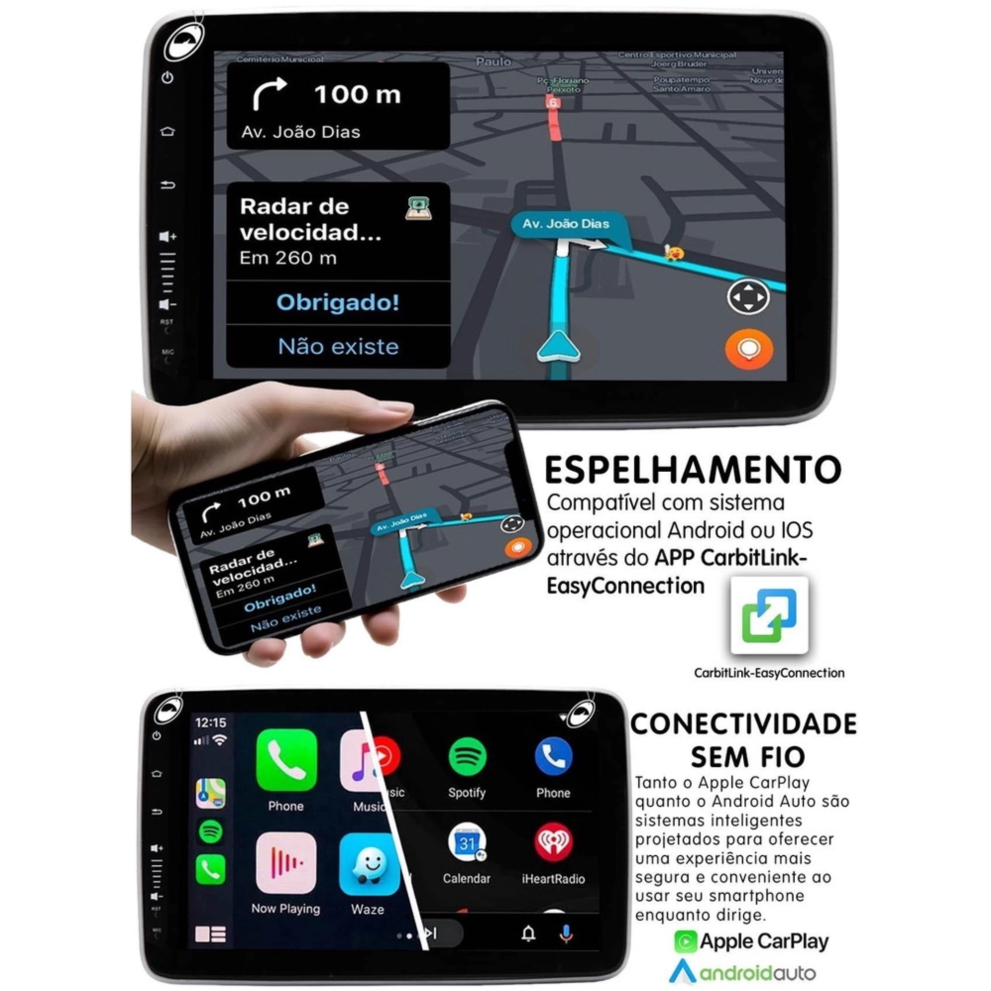 Multimídia Traseira 1 Din 9" Tela Rotativa Flutuante 2Gb Ram 32Gb  H-Tech - HT-9290CA