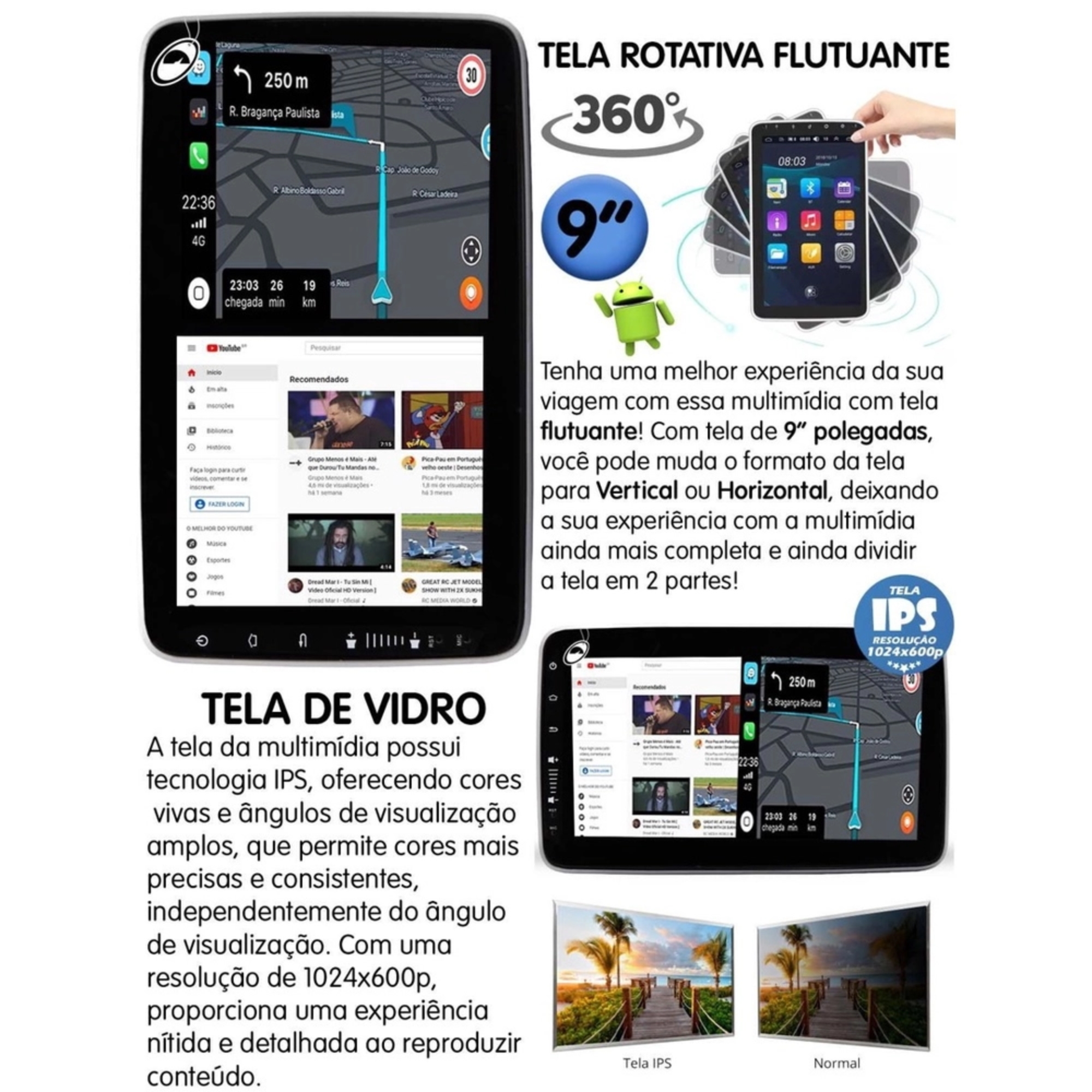 Multimídia Traseira 1 Din 9" Tela Rotativa Flutuante 2Gb Ram 32Gb  H-Tech - HT-9290CA