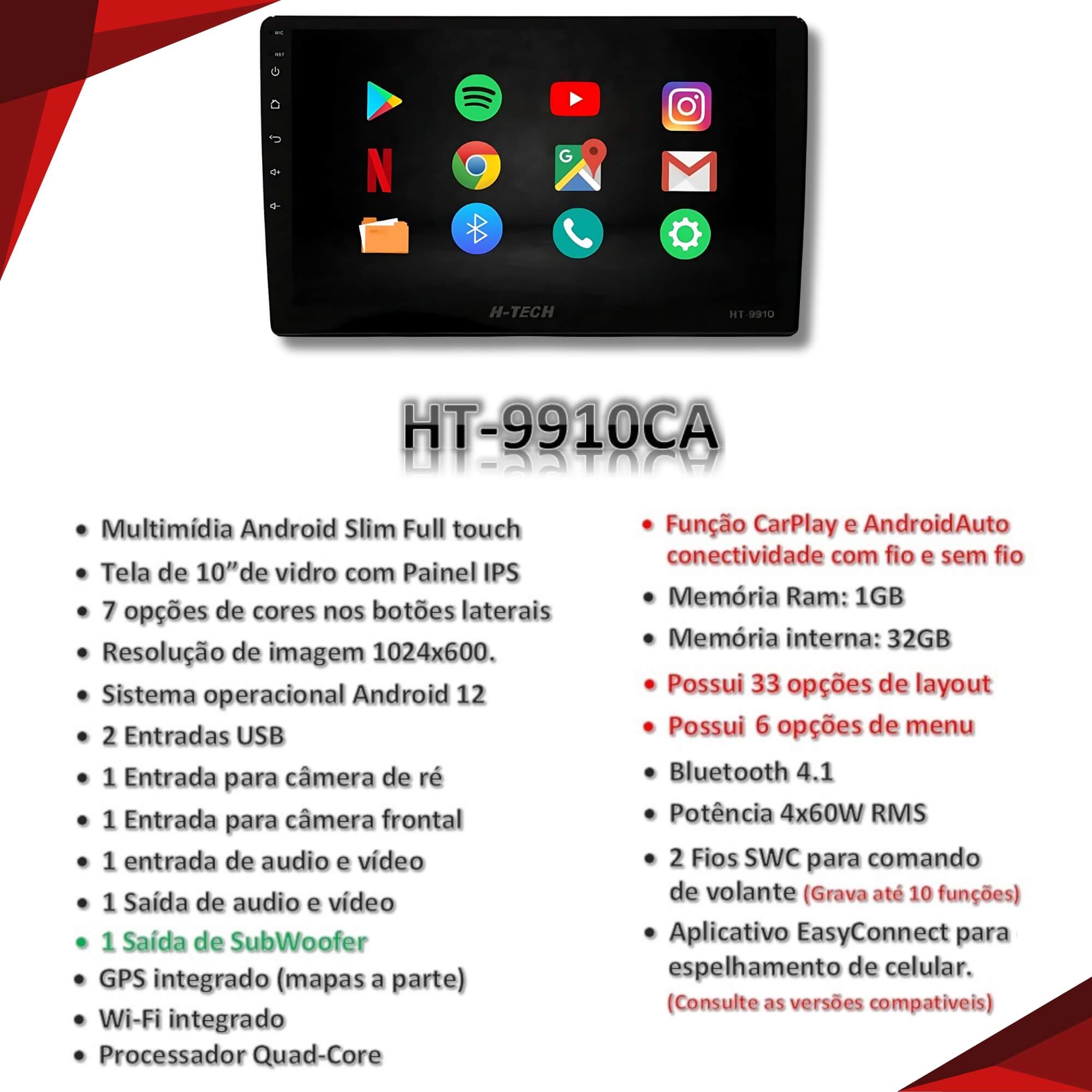 Central Multimídia 10" Pol Full Touch Android 12 32GB H-TECH - HT-9910CA