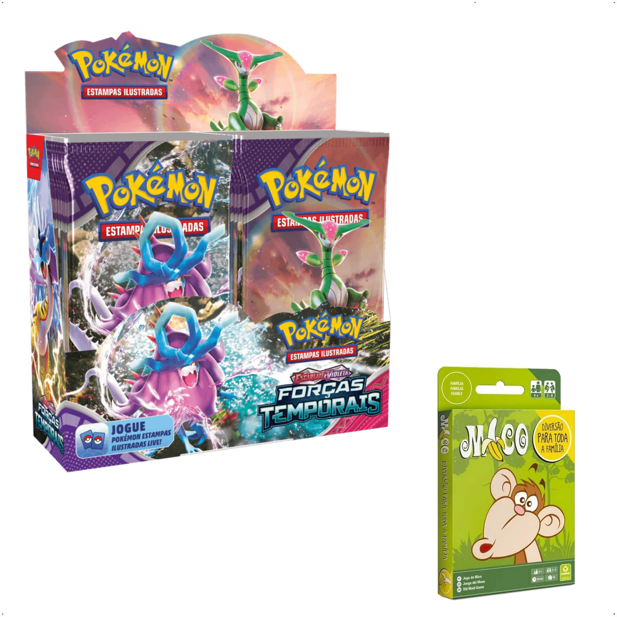 COMP Kit Pokemon Booster Box (Caixa c/ 36 pacotes) EV5 Forças Temporais Copag 33968 + Jogo do Mico