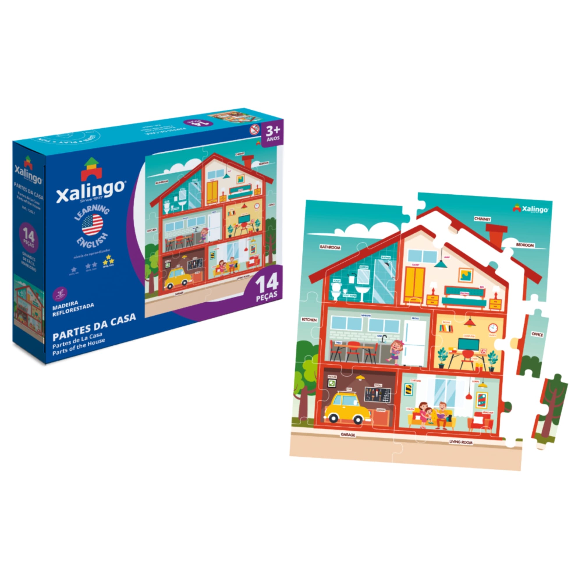 Brinquedo Quebra-Cabeça Didático Partes da Casa em Inglês p/ Crianças 14 Peças Xalingo 12821