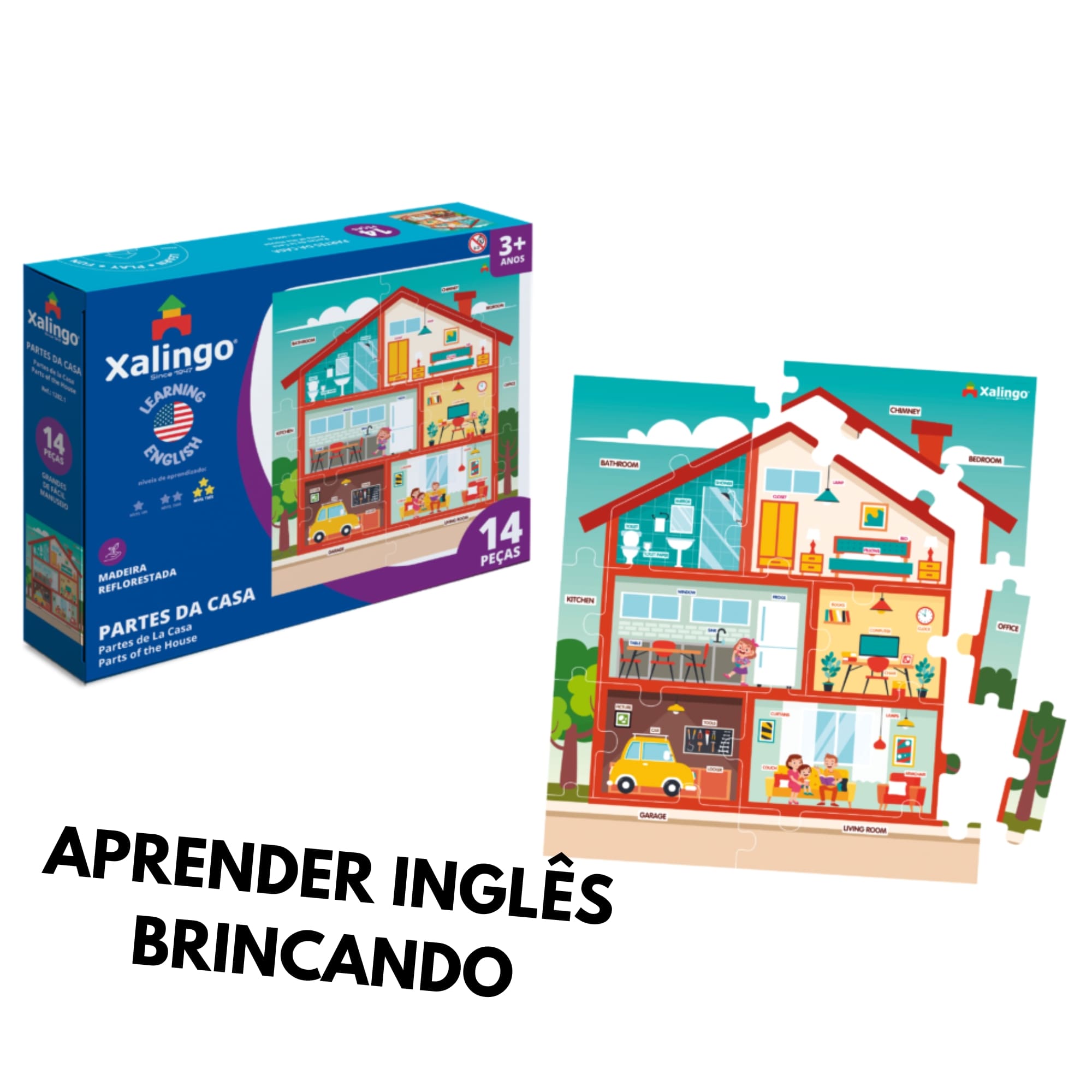 Brinquedo Quebra-Cabeça Didático Partes da Casa em Inglês p/ Crianças 14 Peças Xalingo 12821