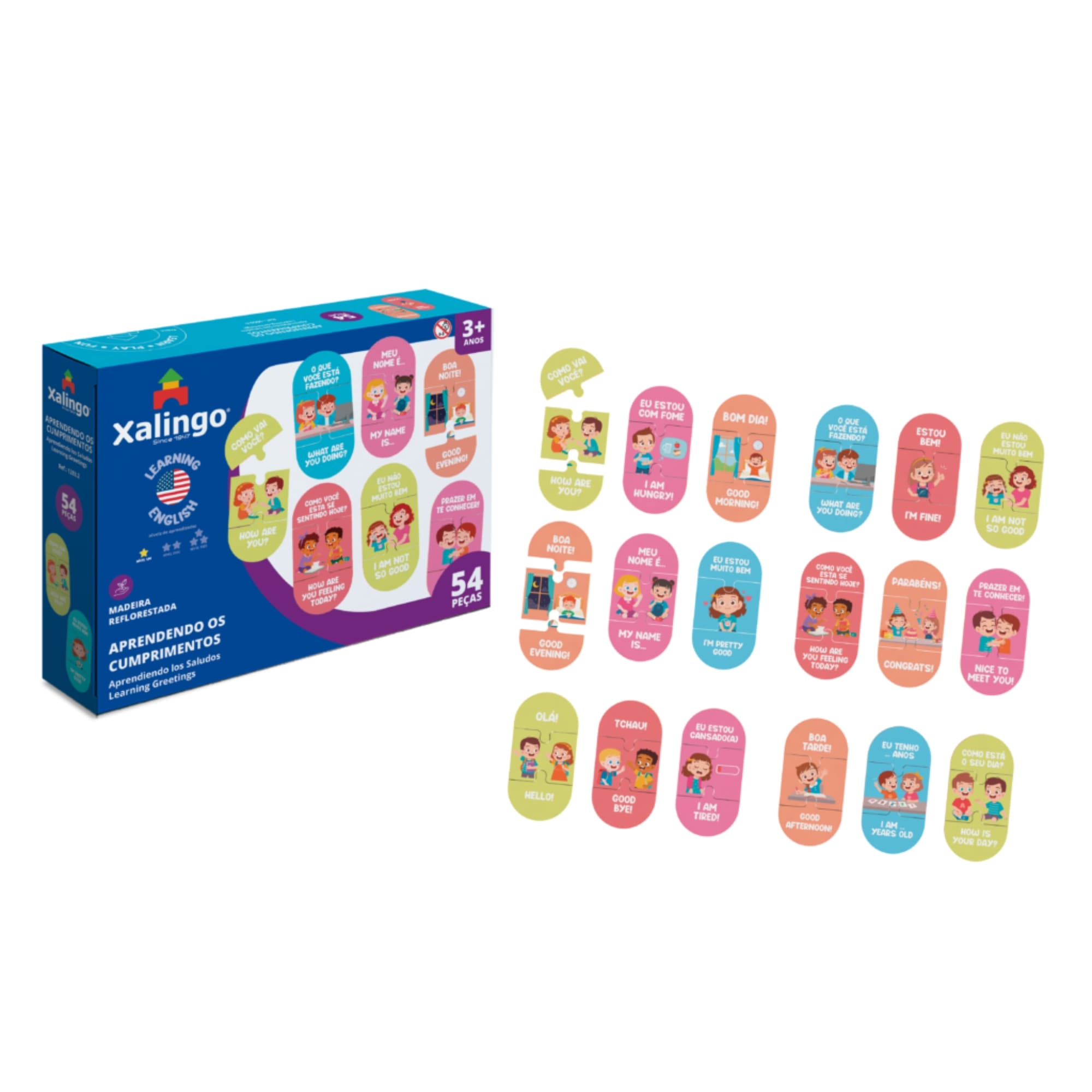 Brinquedo Quebra-Cabeça Didático Infantil Aprendendo Cumprimentos Inglês 54 peças Xalingo 12832