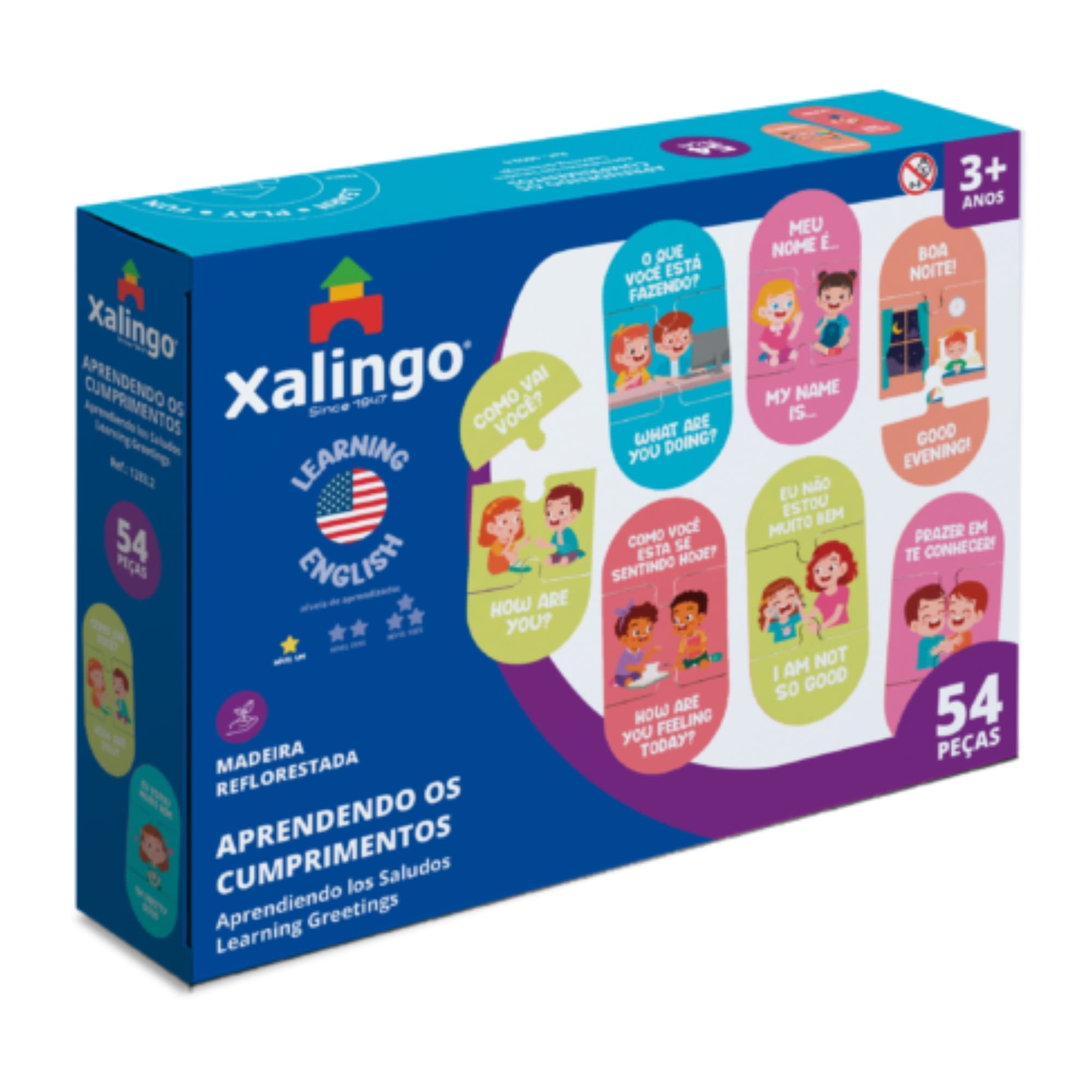 Brinquedo Quebra-Cabeça Didático Infantil Aprendendo Cumprimentos Inglês 54 peças Xalingo 12832