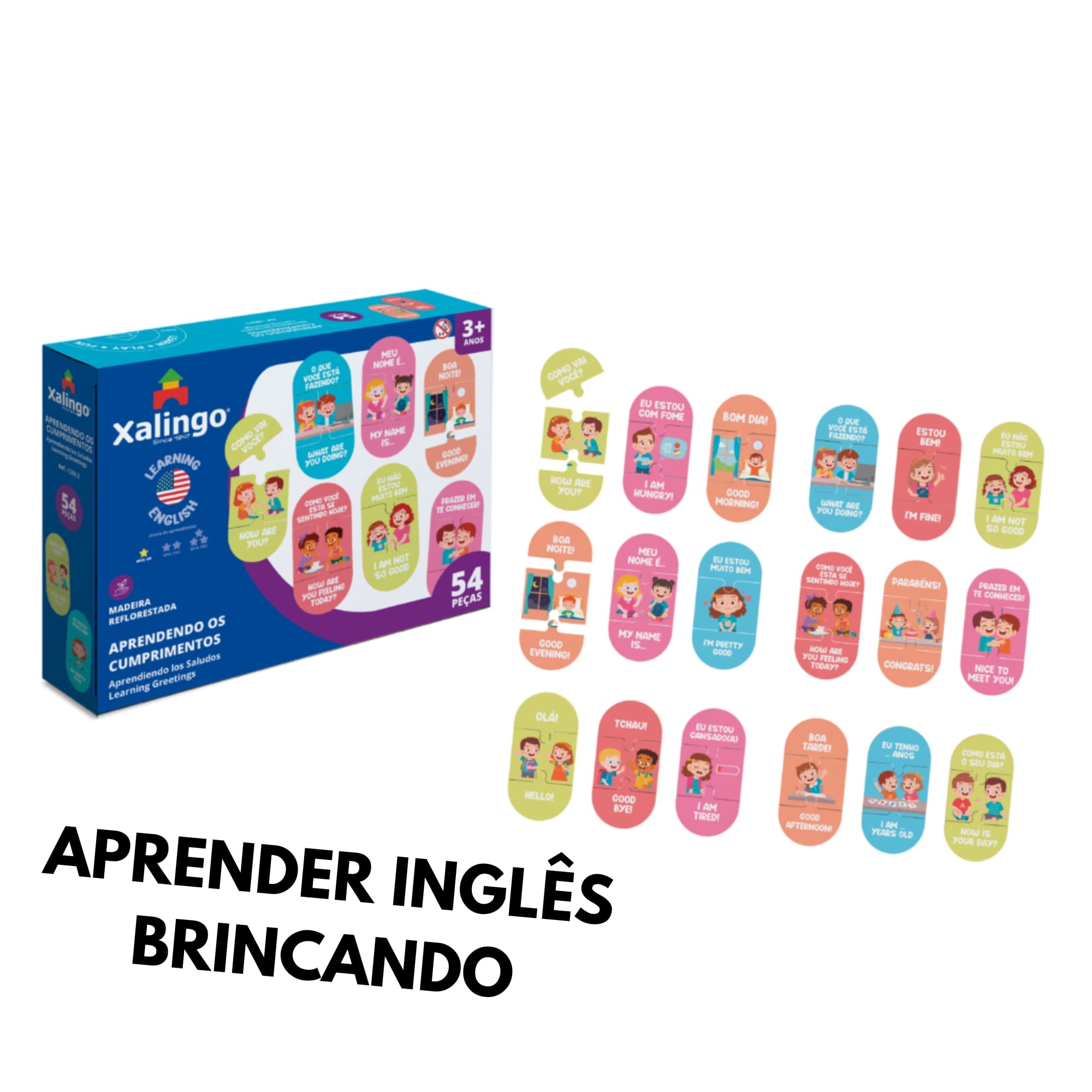 Brinquedo Quebra-Cabeça Didático Infantil Aprendendo Cumprimentos Inglês 54 peças Xalingo 12832