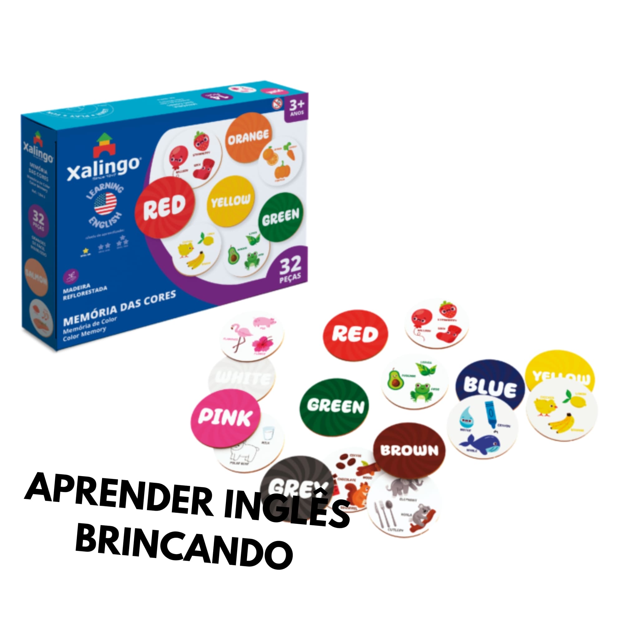 Brinquedo Jogo da Memória das Cores - Aprendendo Inglês - 32 peças - Xalingo 12843