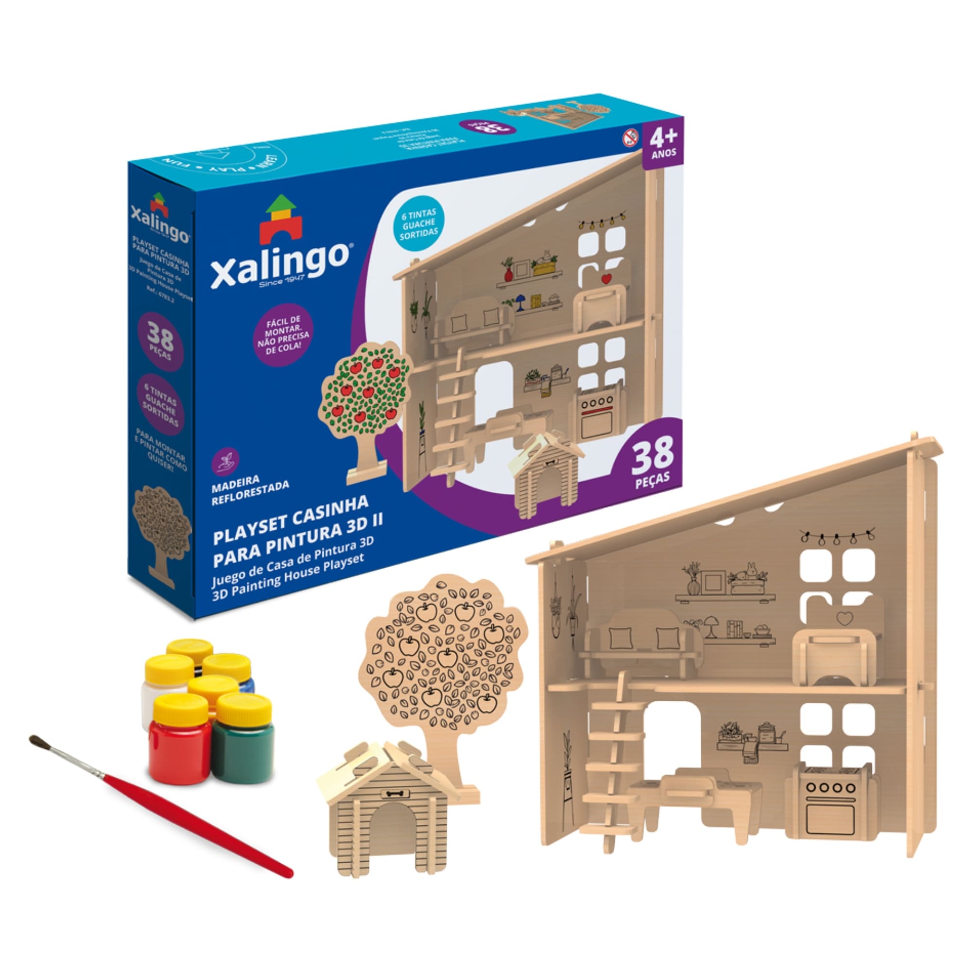 Brinquedo Playset Casinha 3D Colorir Pintura 6 Tintas Guaches Aleatórias - 38 peças Xalingo 67832