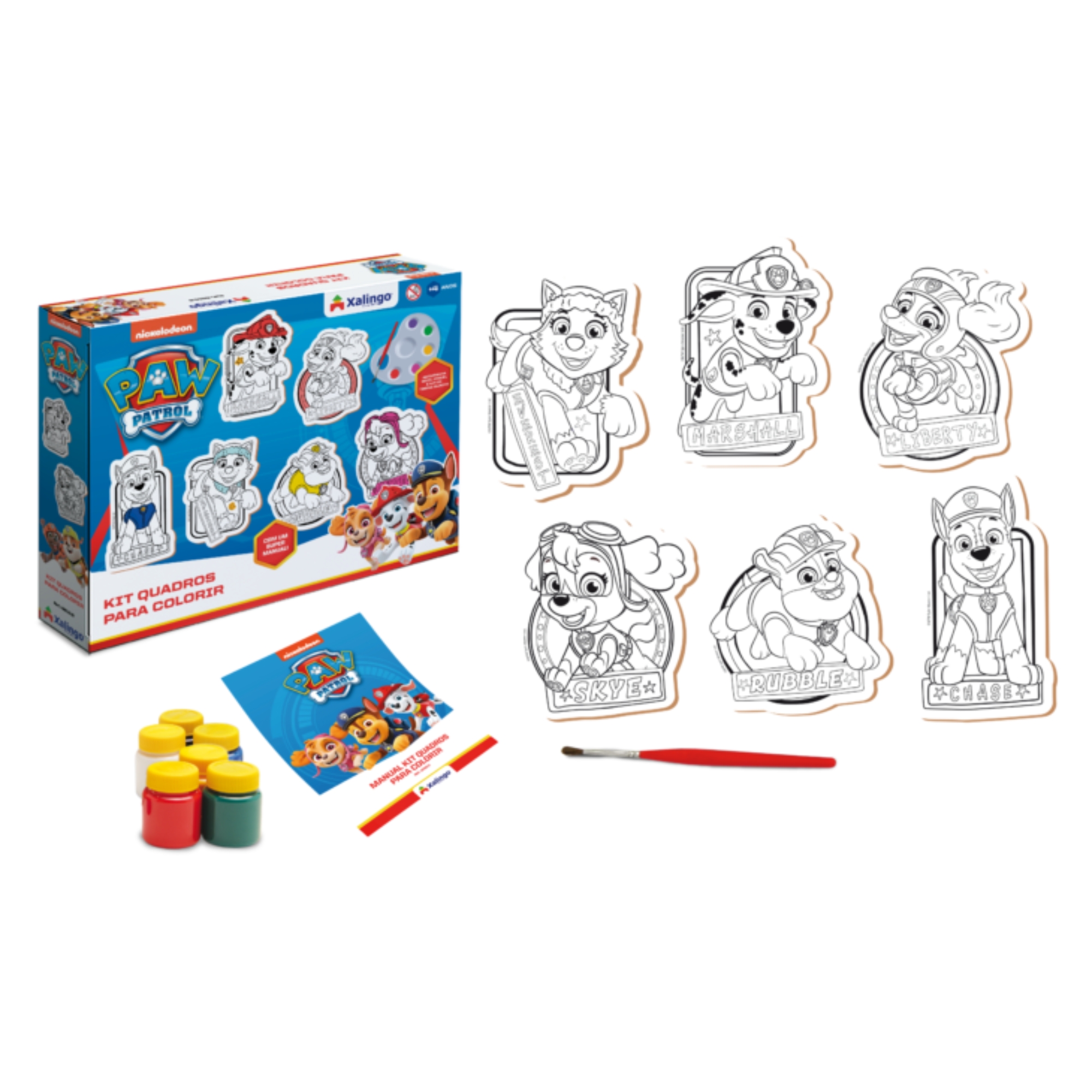 Brinquedo Kit 6 Quadros para Colorir da Patrulha Canina 6 Tintas Guaches Sortidas Xalingo - 68109