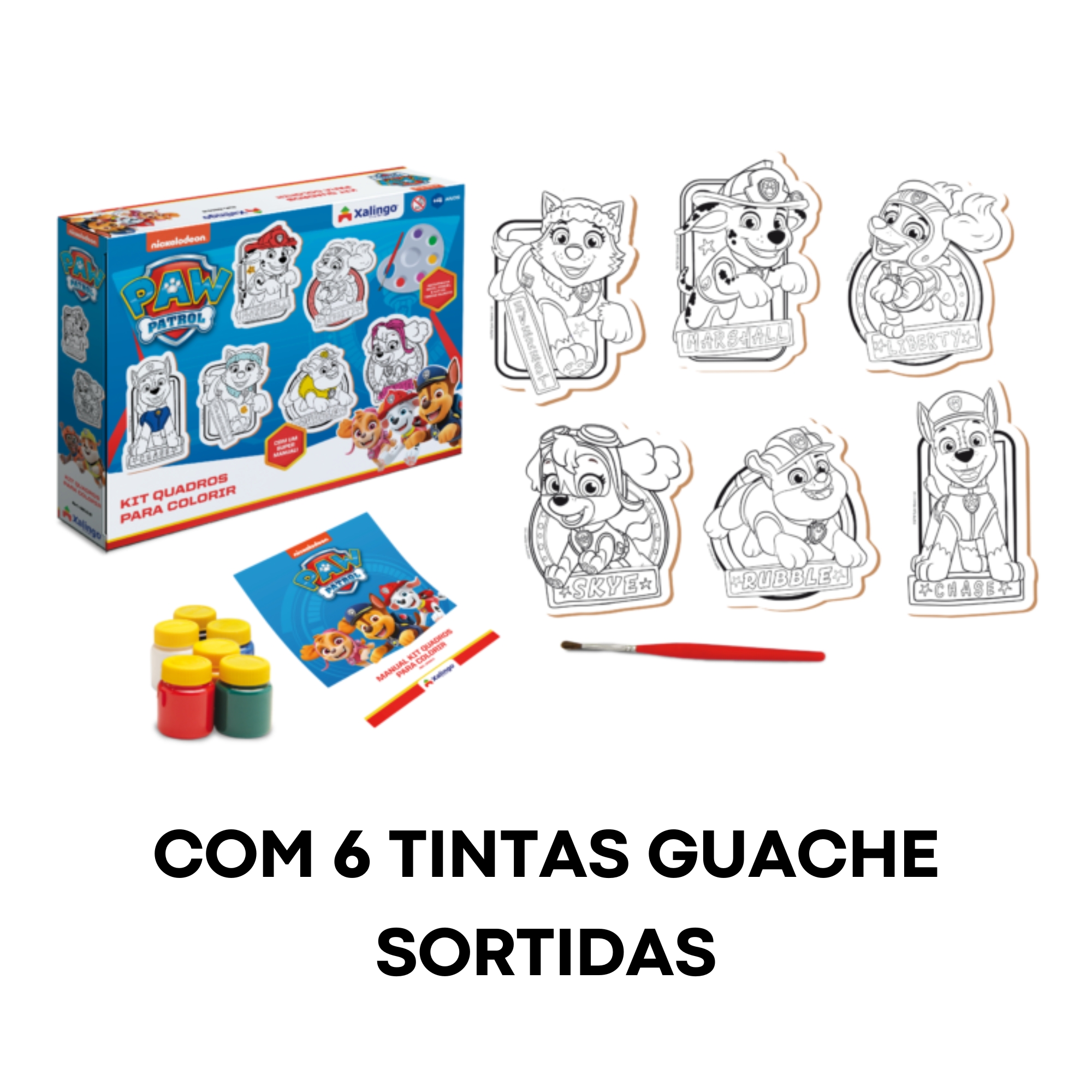 Brinquedo Kit 6 Quadros para Colorir da Patrulha Canina 6 Tintas Guaches Sortidas Xalingo - 68109