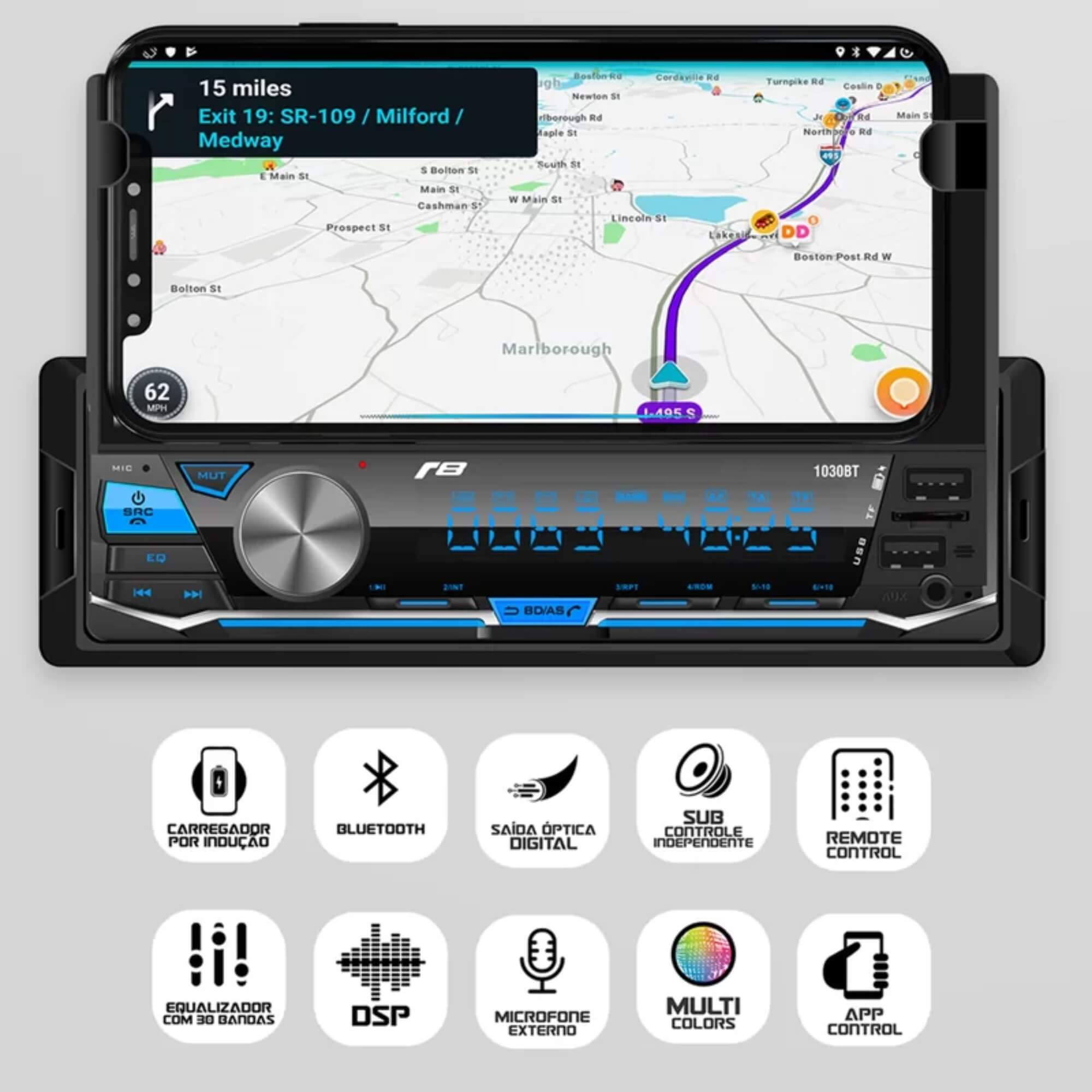 Rádio Automotivo Mp3 Player com Suporte e Carregador Indução Bluetooth USB JR8 - JT1030BT