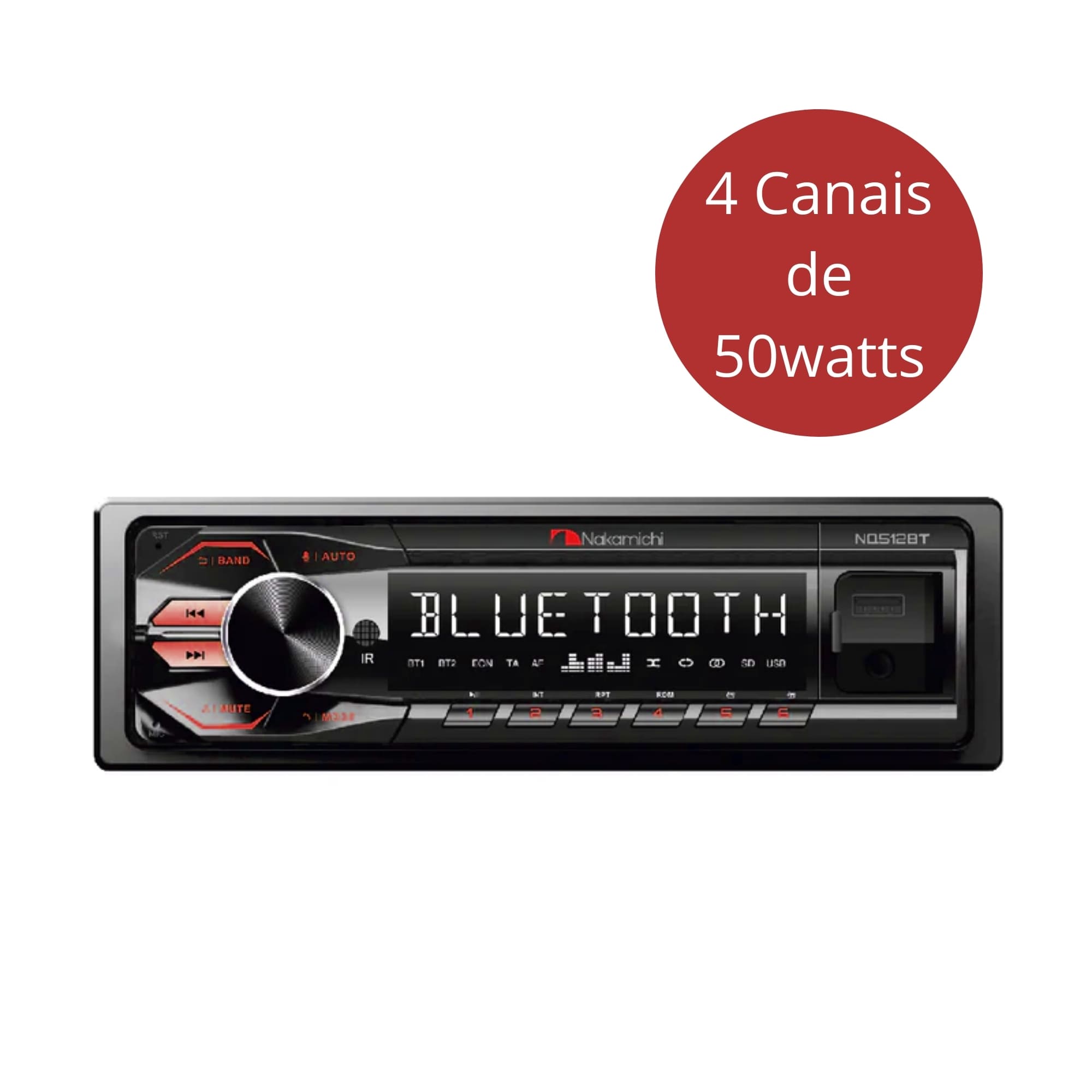 Auto Rádio MP3 4 Canais de 50 watts Display LCD Iluminação MultiColor NAKAMICHI JR8 - NQ512BT