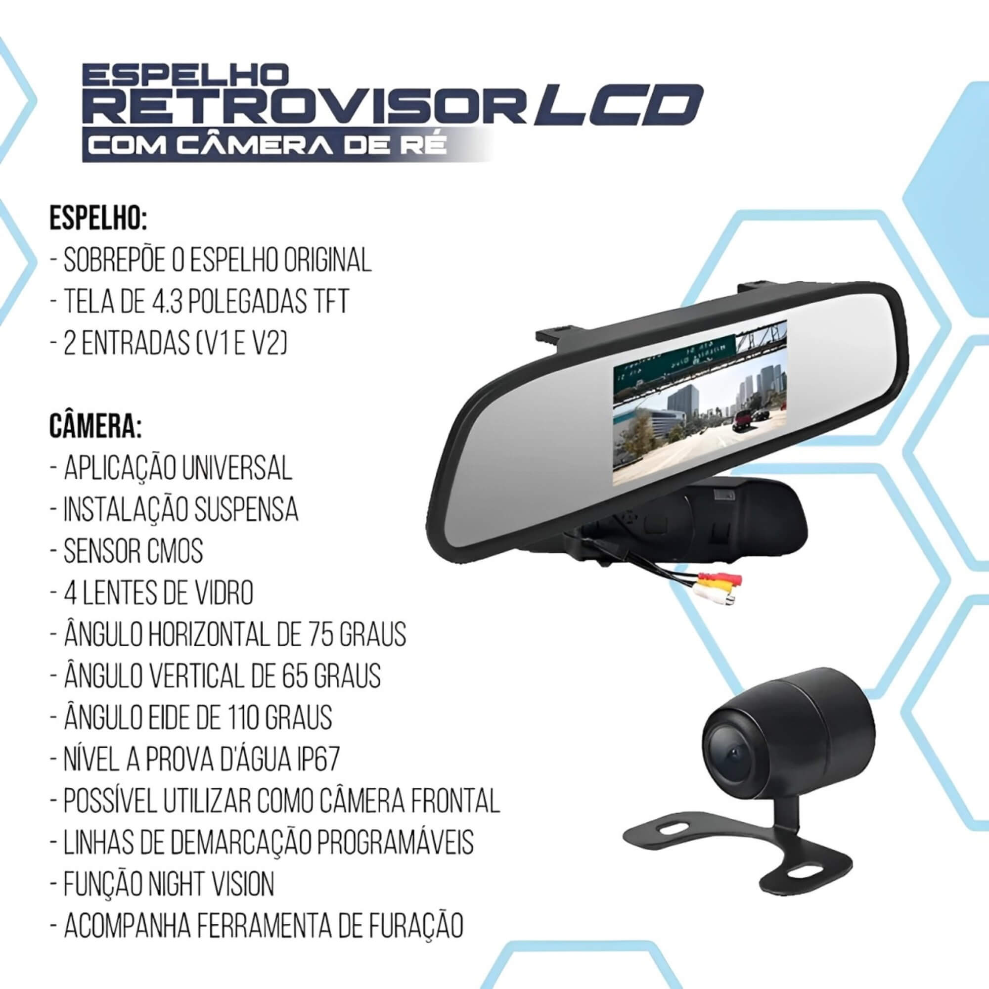 Kit Espelho Retrovisor M7 Display LCD 4.3'' com Câmera de Ré Borboleta JR8 - JT30RETRCAMM7