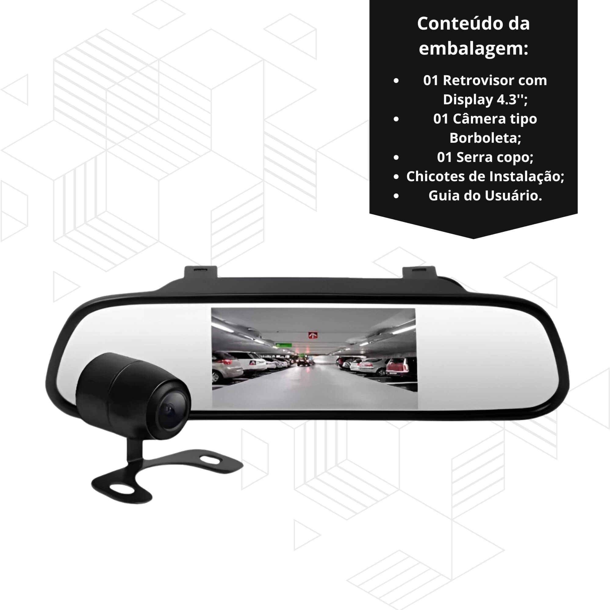 Kit Espelho Retrovisor M7 Display LCD 4.3'' com Câmera de Ré Borboleta JR8 - JT30RETRCAMM7