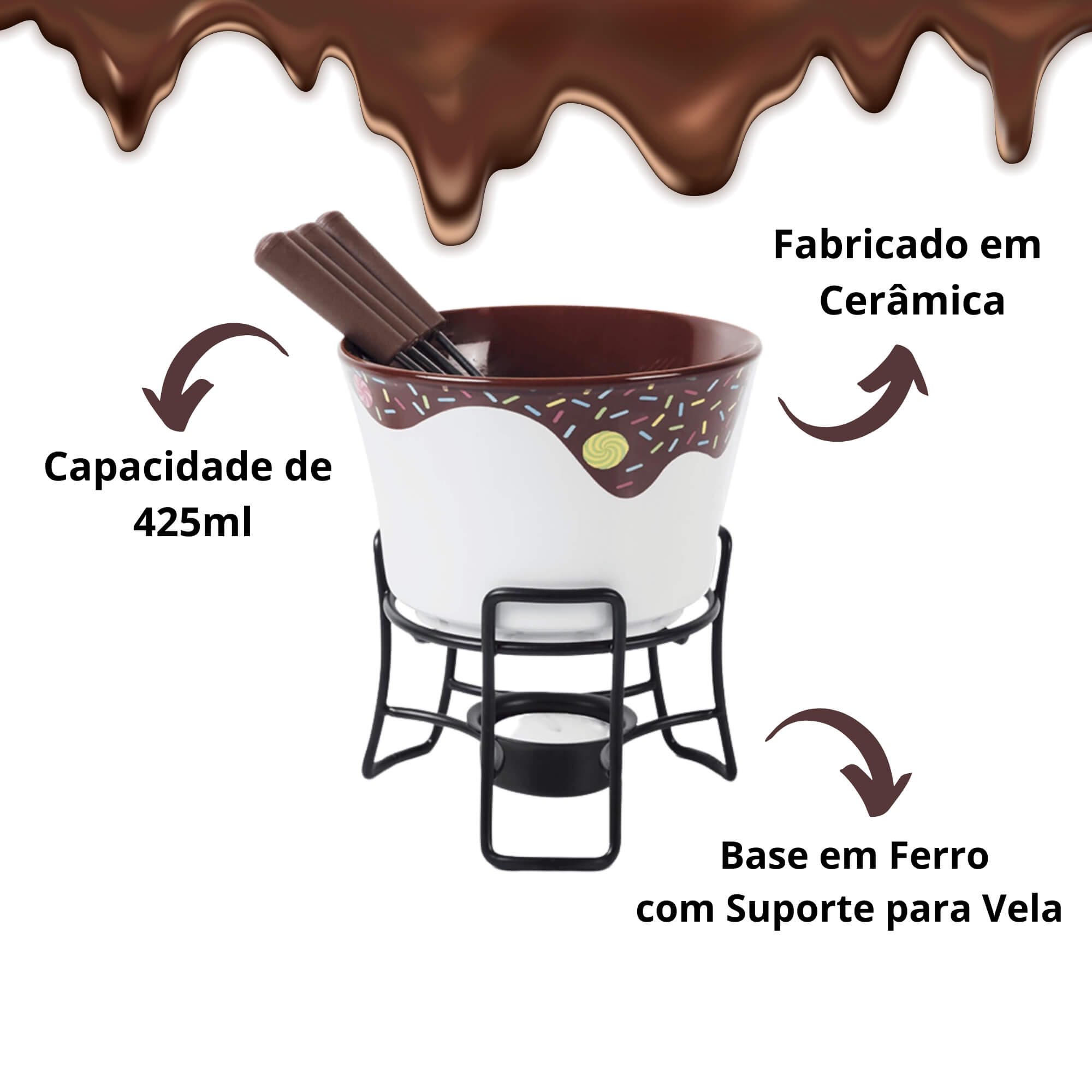 Aparelho de Fondue Branco 7 Peças Chocolate Cerâmica Linha Fondue Brinox - 1256/115