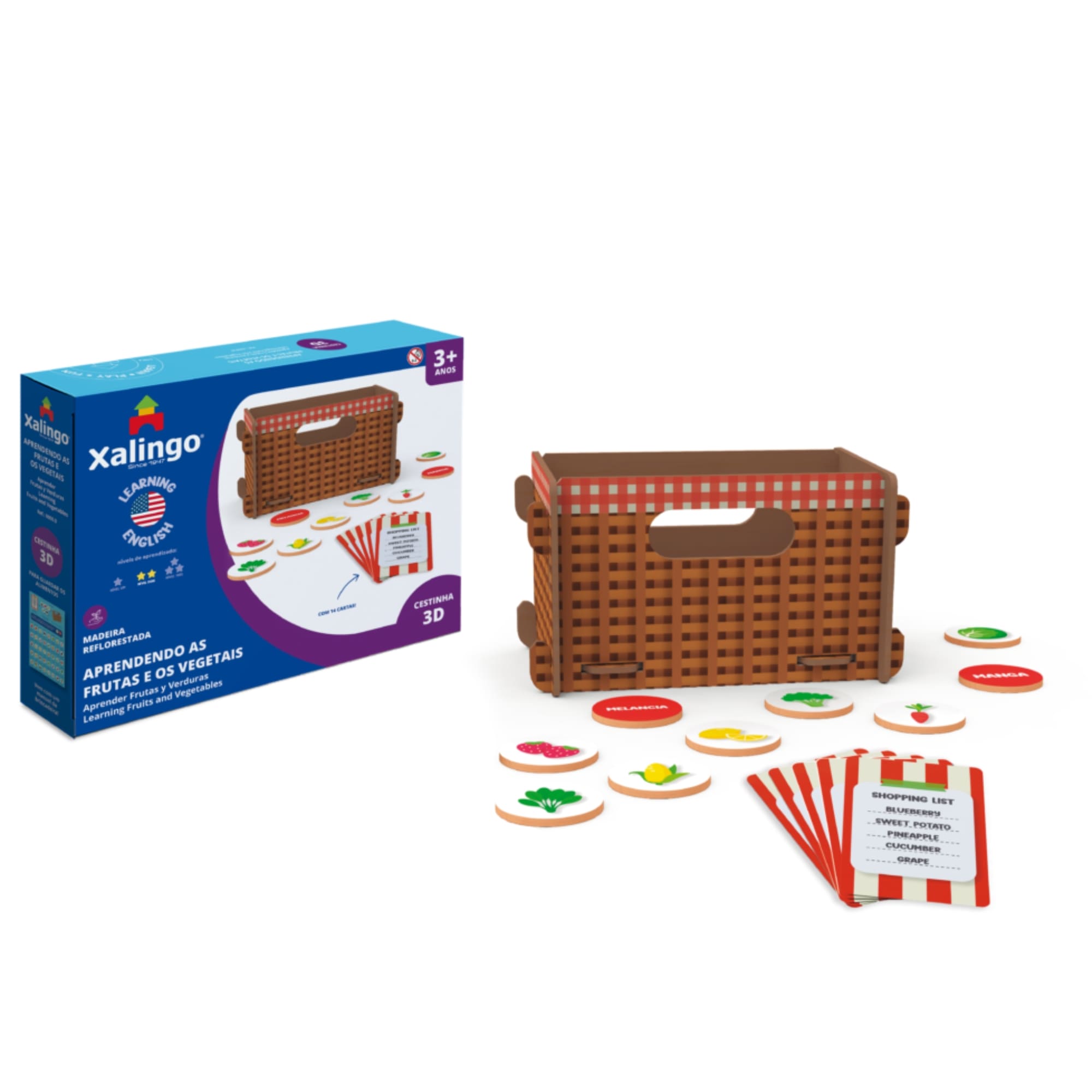 Jogo Aprendendo Inglês Brincando Frutas e Vegetais com Cestinha 3D Inclusa - Xalingo 12865