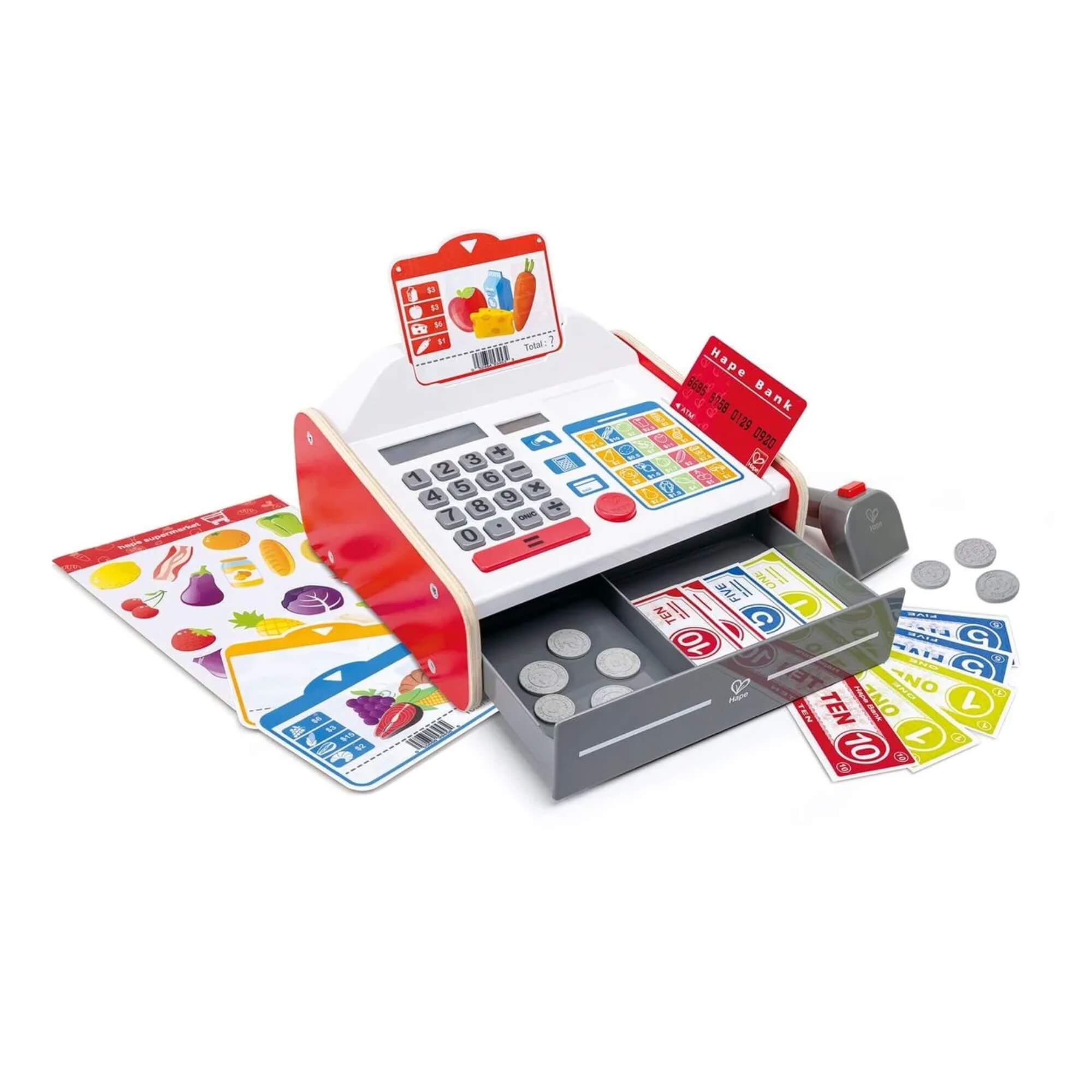 Brinquedo Caixa Registradora em Madeira c/ 24 Peças Supermercado Hape Xalingo - 67610